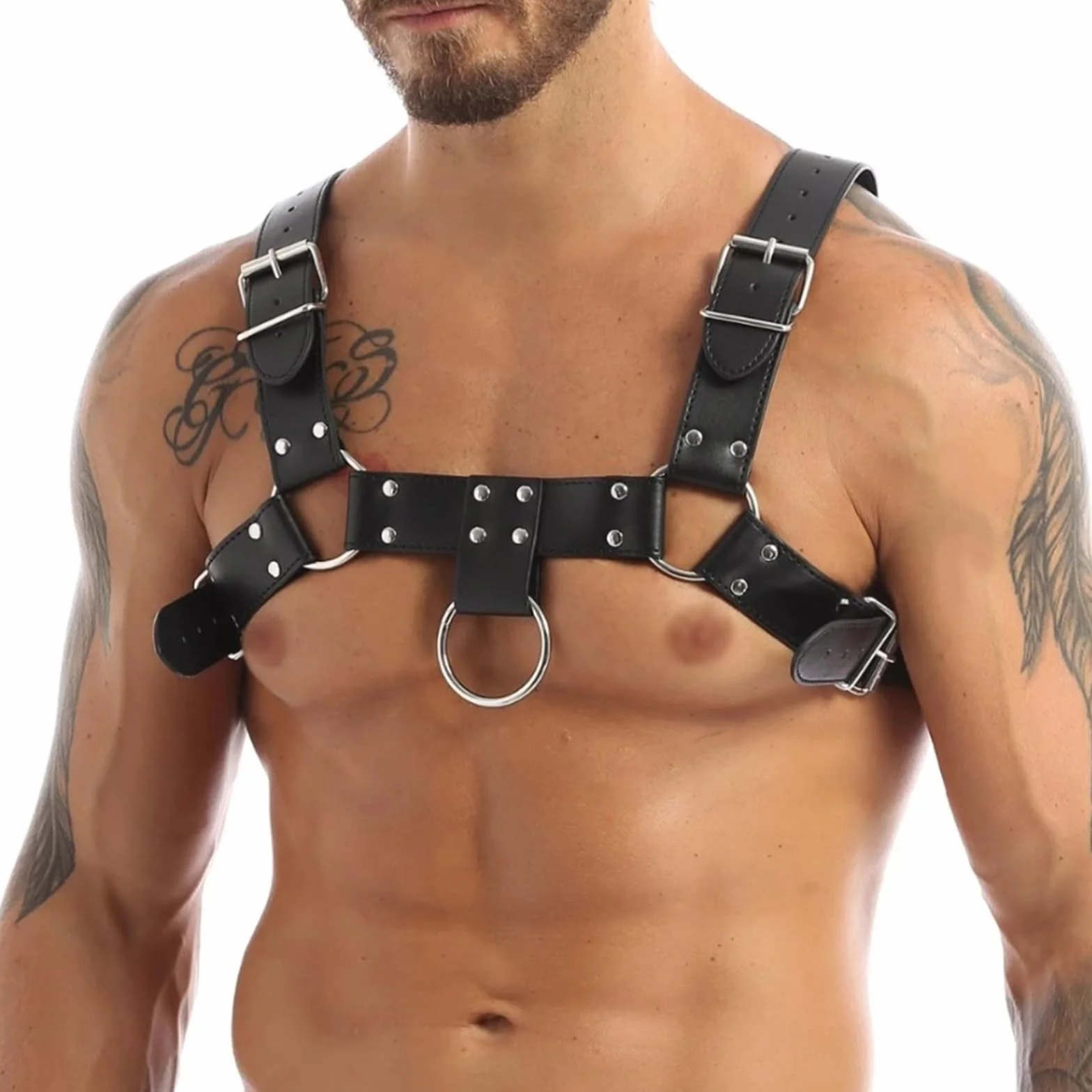 Imbracatura per Petto da Uomo in Pelle Nera Sexy Cinturino Regolabile Cuoio Corpo Pettorale Punk Gotico Fetish Cosplay