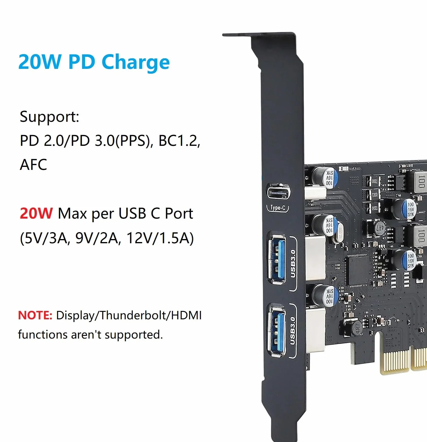 Scheda di espansione PCIe USB 3.0 Power Delivery, PCI Express x 1 to 3 Porte(Type-C, 2x Type-A), Scheda PCIe Controller Card con Ricarica Rapida per PC Desktop Windows XP/7/8/10 Mac OS 10.8.2
