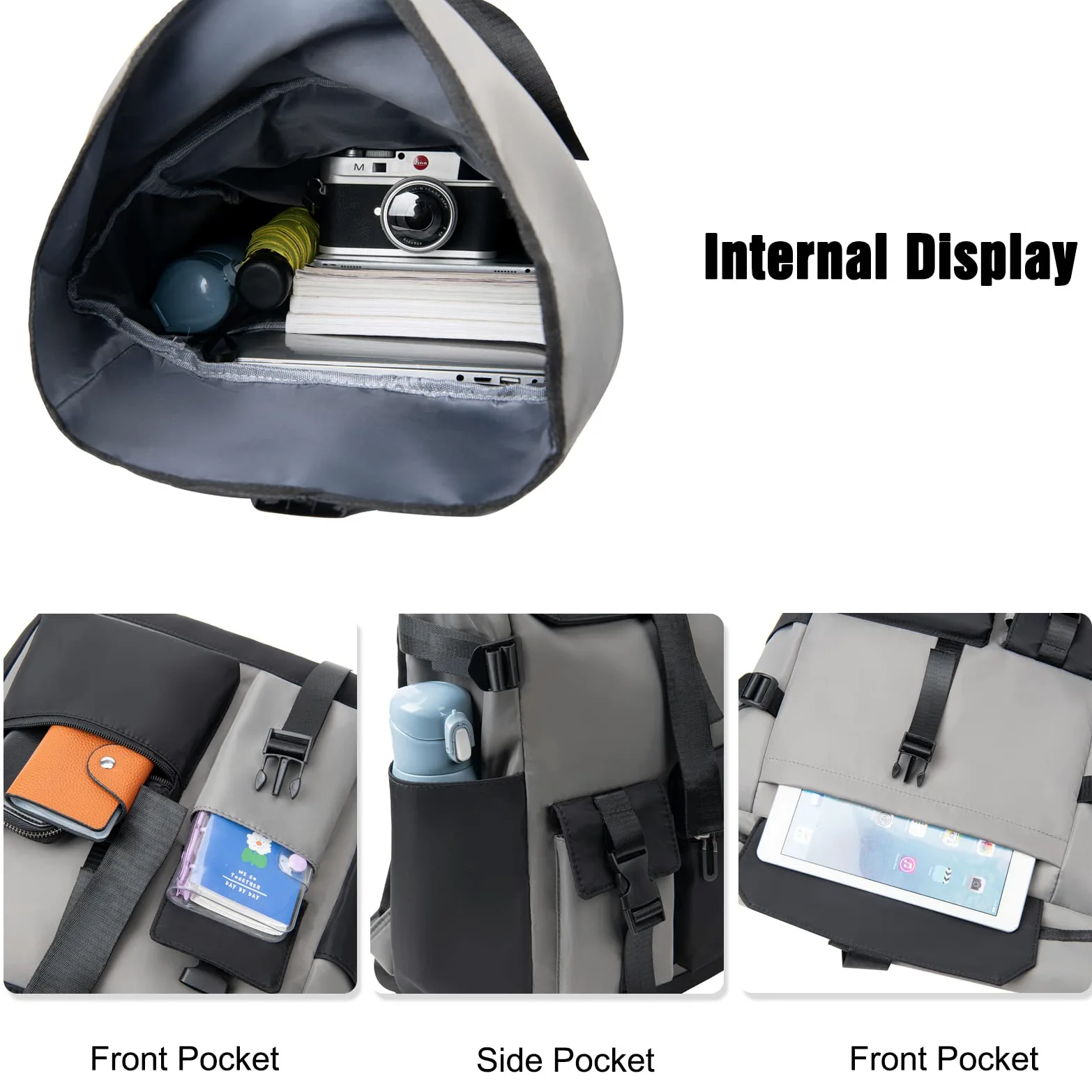 FANDARE Retrò Zaino Rolltop Ultraleggero Porta PC 15.6 Pollici, Zainetto per Scuola Università Viaggio Lavoro, da Uomo Donna - Grigio Scuro
