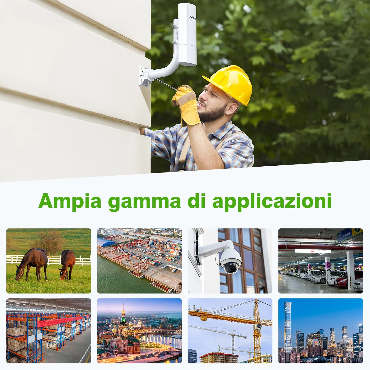 AdaLov CPE366 Ponte Wireless Gigabit Punto-Punto, 5.8GHz 3KM Bridge Wi-Fi da Esterno con Staffe, Zero Scavi per Telecamere/Chalet/Casa Vacanza/Garage/Fattoria/Campeggio, Plug & Play, IP65 Impermeabile