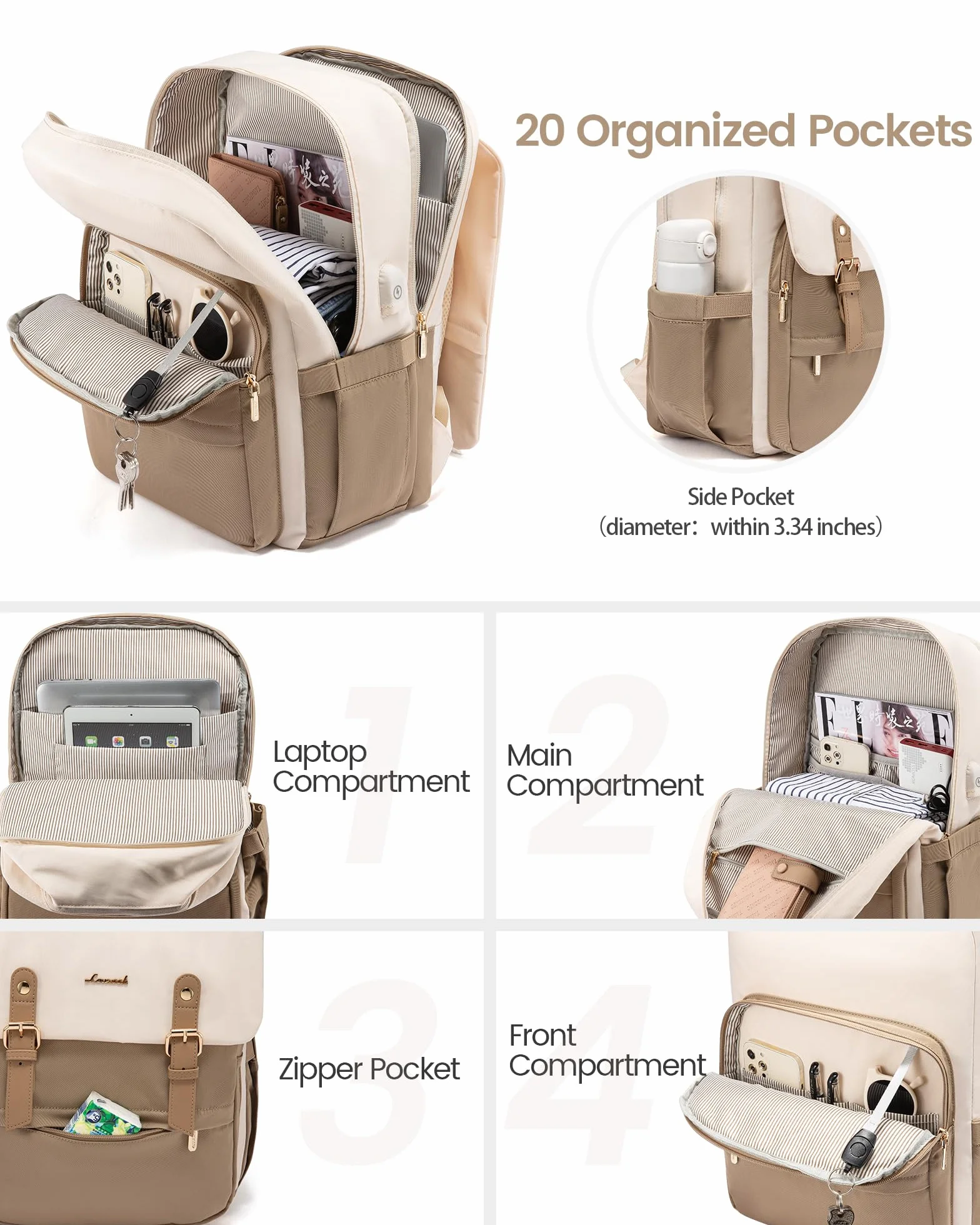 LOVEVOOK Zaino Porta PC Donna, 15,6 Pollici Impermeabile Zaino Antifurto per Computer portatile con Porta USB per Università, Viaggi, Lavoro, Scuola