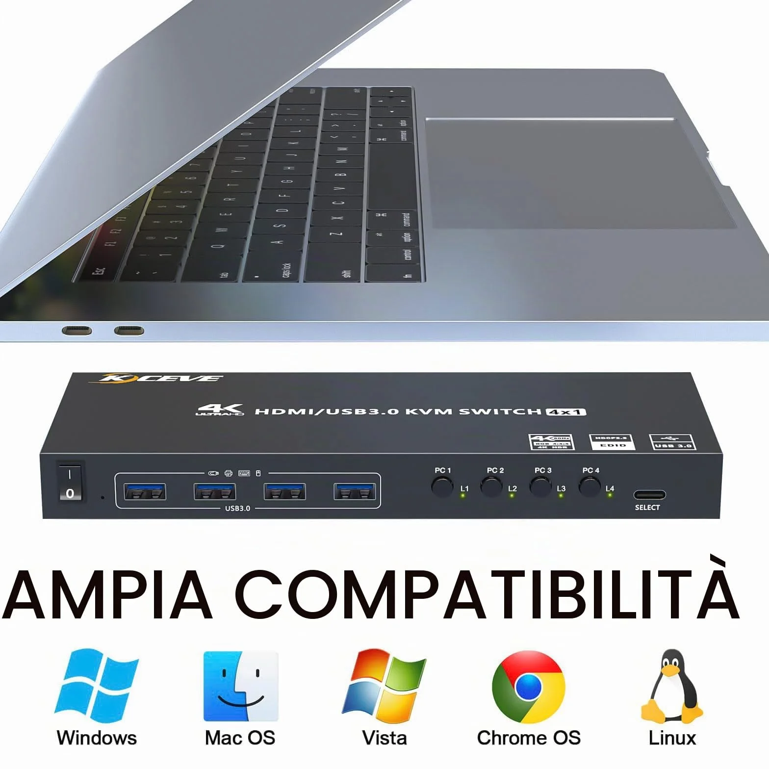 Switch KVM USB 3.0 HDMI 4 PC 1 Monitor, 4K@60Hz EDID Simulato 4 Porte Commutatore KVM, KVM Switch Condividi 4 Sispositivi USB 3.0 Tastiera Mouse Senza Fili Stampante, con 5 Cavi e Telecomando Cablato