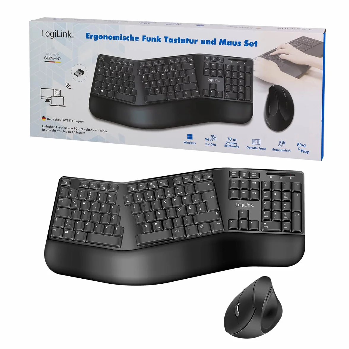 LogiLink Set di mouse ergonomico con tastiera divisa (con 13 tasti multimediali)