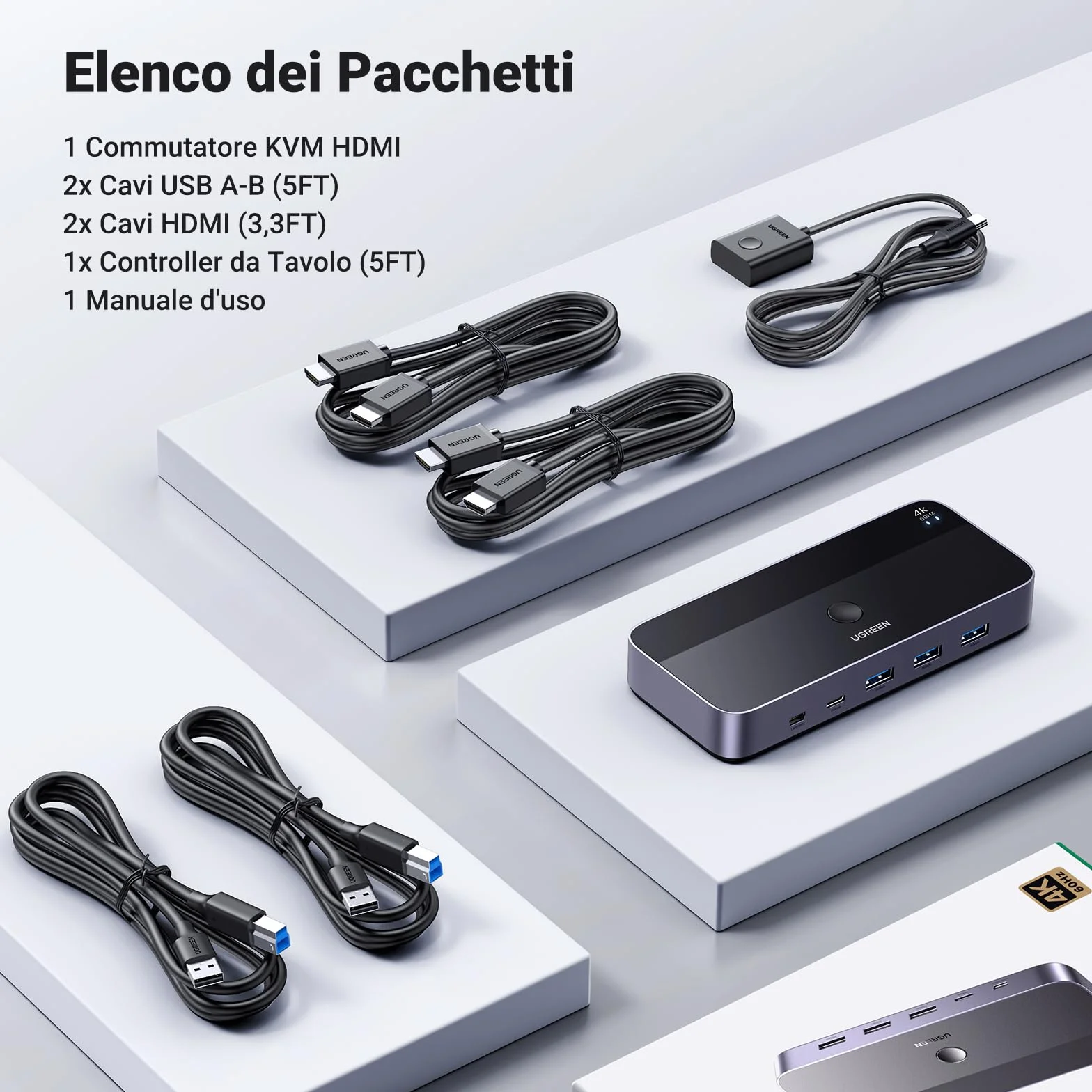 UGREEN Switch KVM HDMI 4K 60Hz 2 Ingressi 1 Uscita con 3 Porte USB A 3.0 e 1 Porta Tipo C 3.0 5Gbps per Tastiera Mouse HDD Hard Disk Switcher con Controller Desktop e 2 Cavi 1M