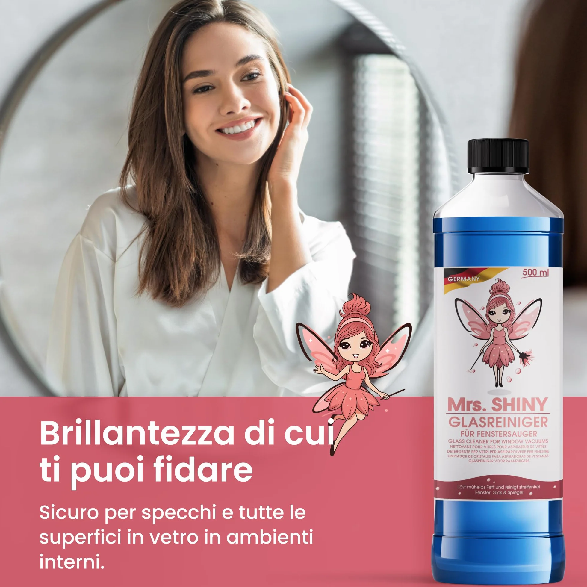 MRS. SHINY Detergente per Vetri per Aspiragocce 500ML Senza Risciacquo Formula Senza Schiuma Brillantezza Perfetta Senza Aloni