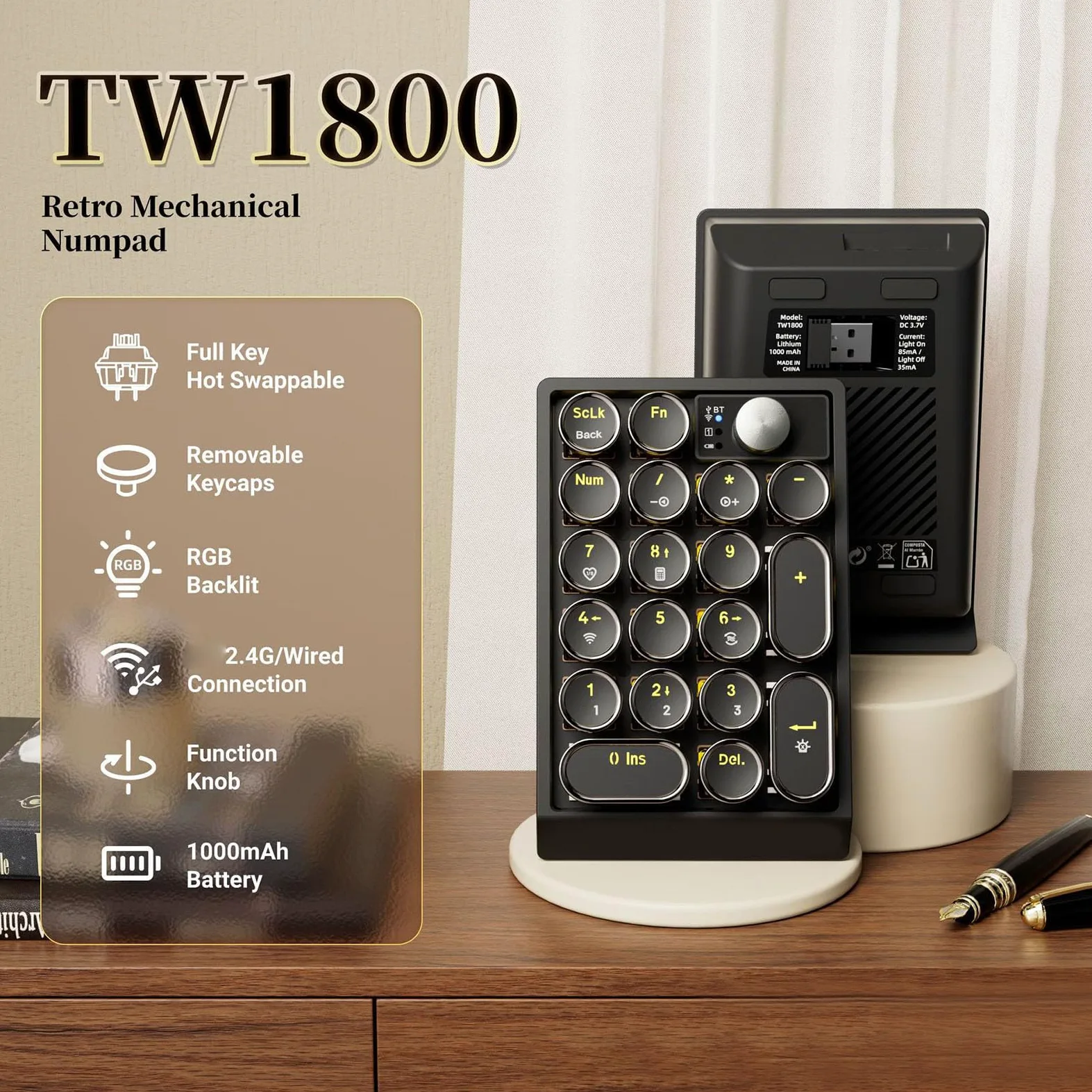 Fabater Tastierino Numerico, Tastierino Numerico Wireless Ricaricabile USB 19 Tasti, Esterno Sottile con Retroilluminazione RGB, Supporto Bluetooth/2.4G/USB C