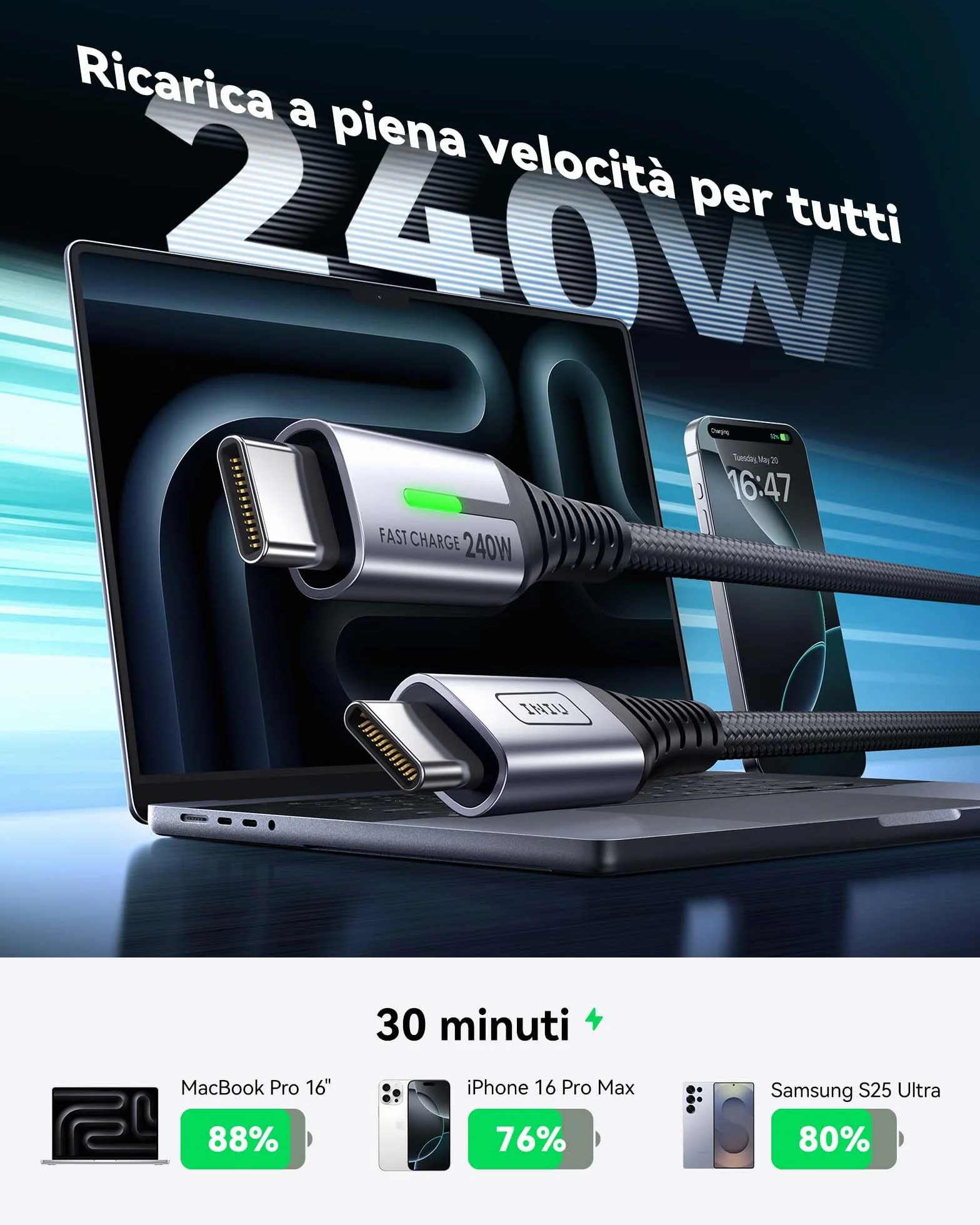 INIU 240W Cavo USB C a USB C PD3.0 Ricarica Rapida Nylon 2m per iPhone 17 Pro Max MacBook Air iPad Pro Samsung Galaxy S25 Ultra Pixel 10 Steam Deck Switch