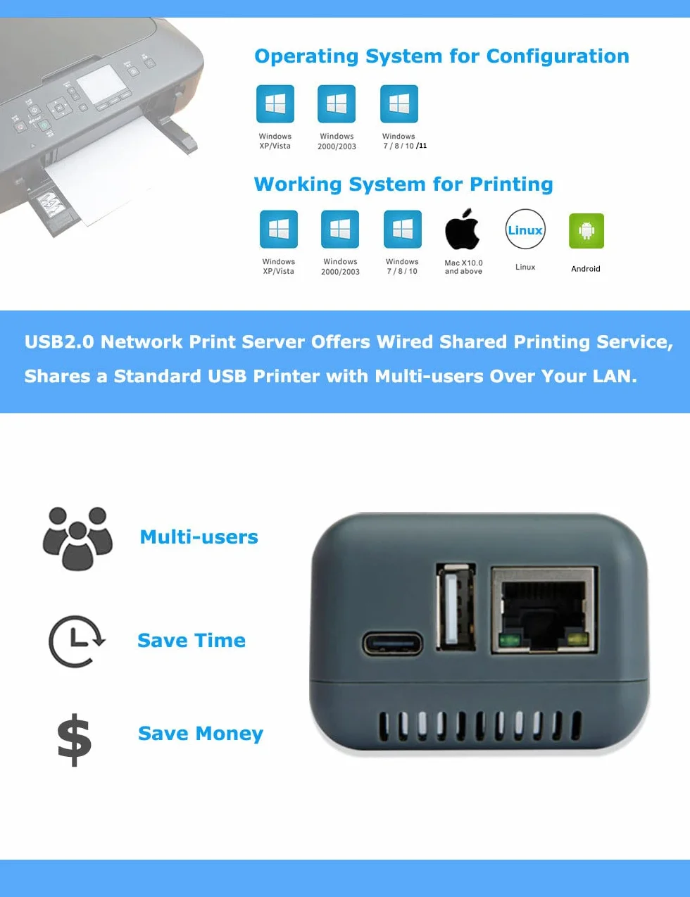 Network USB 2.0 Mini Print Server per stampanti Stampa No WiFi