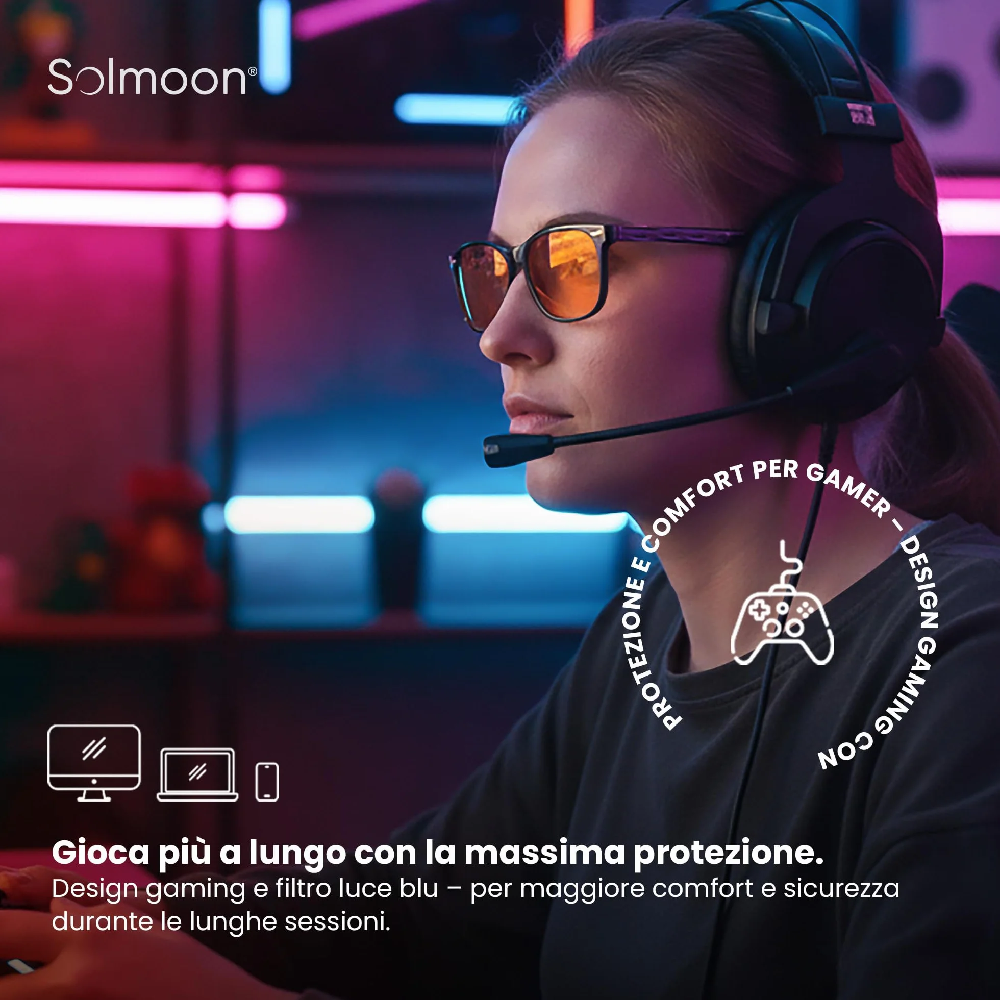 Solmoon Occhiali Luce Blu Filtro per Computer Schermi Gaming Uso Serale Materiali Non Tossici Custodia Rigida Premium
