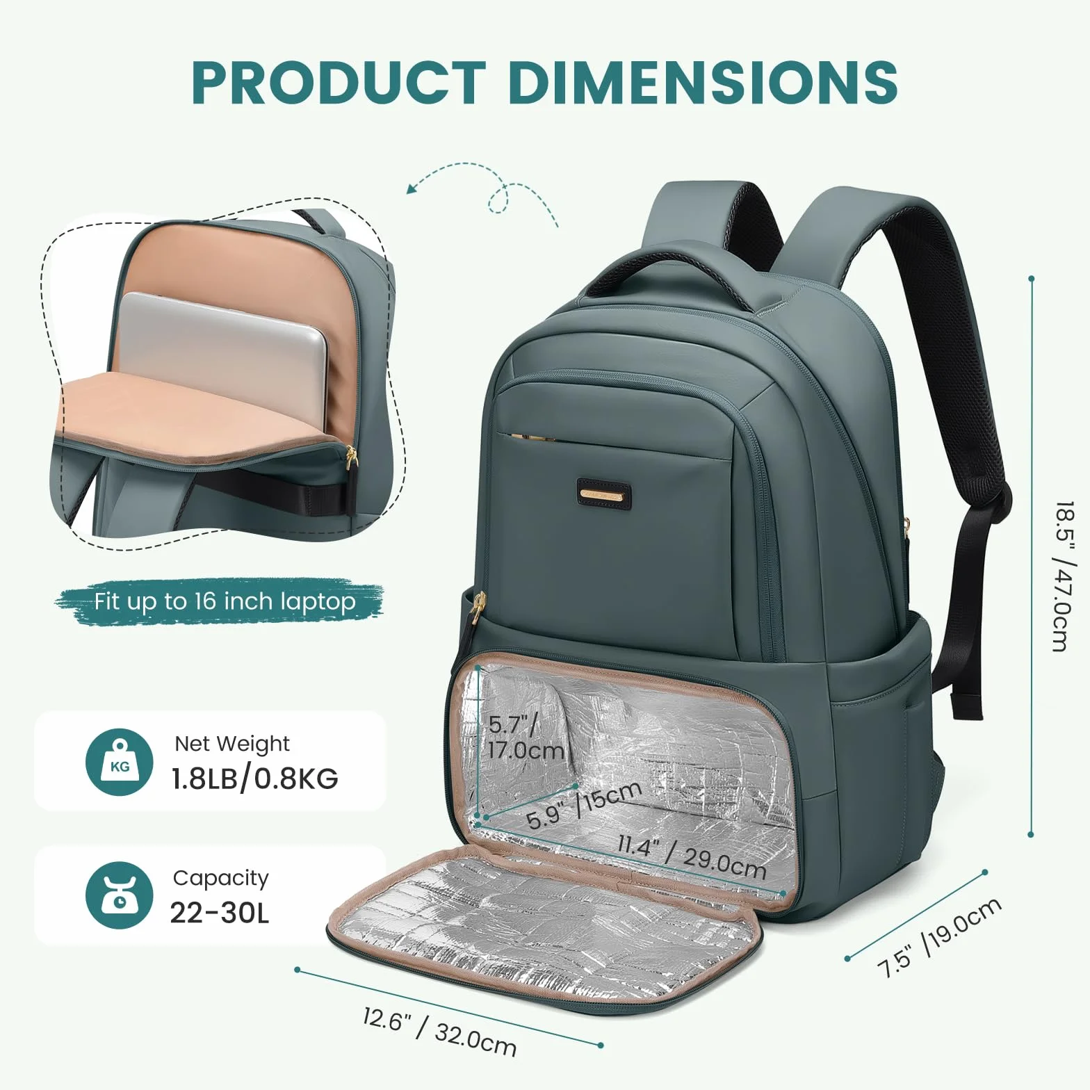 GOLF SUPAGS Zaino Pranzo Termico, Zainos Porta PC 16 Pollici, Zainos Pranzo con Scomparto Pranzo Isolato, per Viaggio Scuola Lavoro Picnic(Verde Scuro)