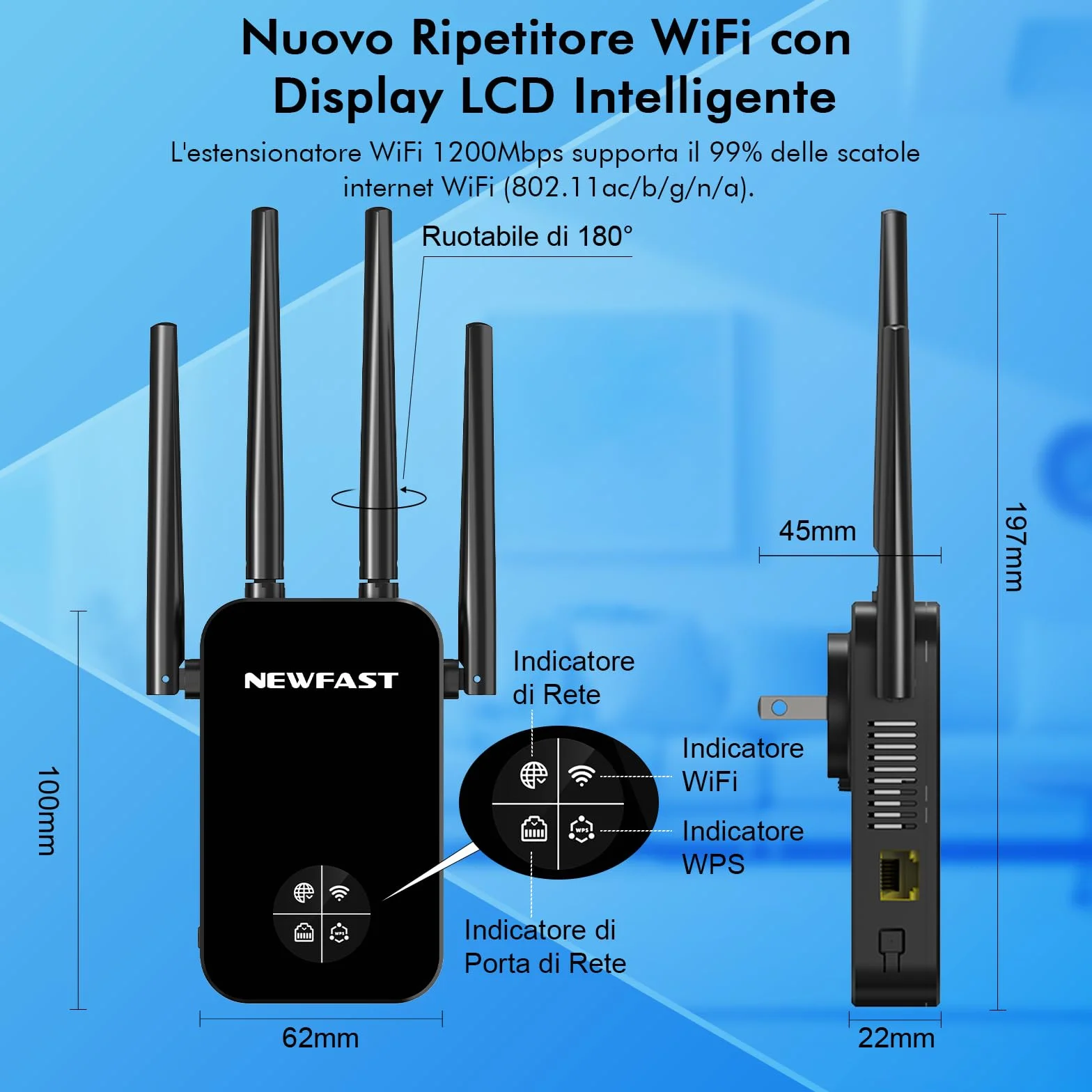 NEWFAST Ripetitore WiFi Potente per Casa, 1200Mbps WiFi Extender Dual Band 2.4GHz/5GHz con 4 Antenne ad Alto Guadagno, Porta Ethernet, WPS, Display Intelligente, Supporta 3 Modalità(Nero)