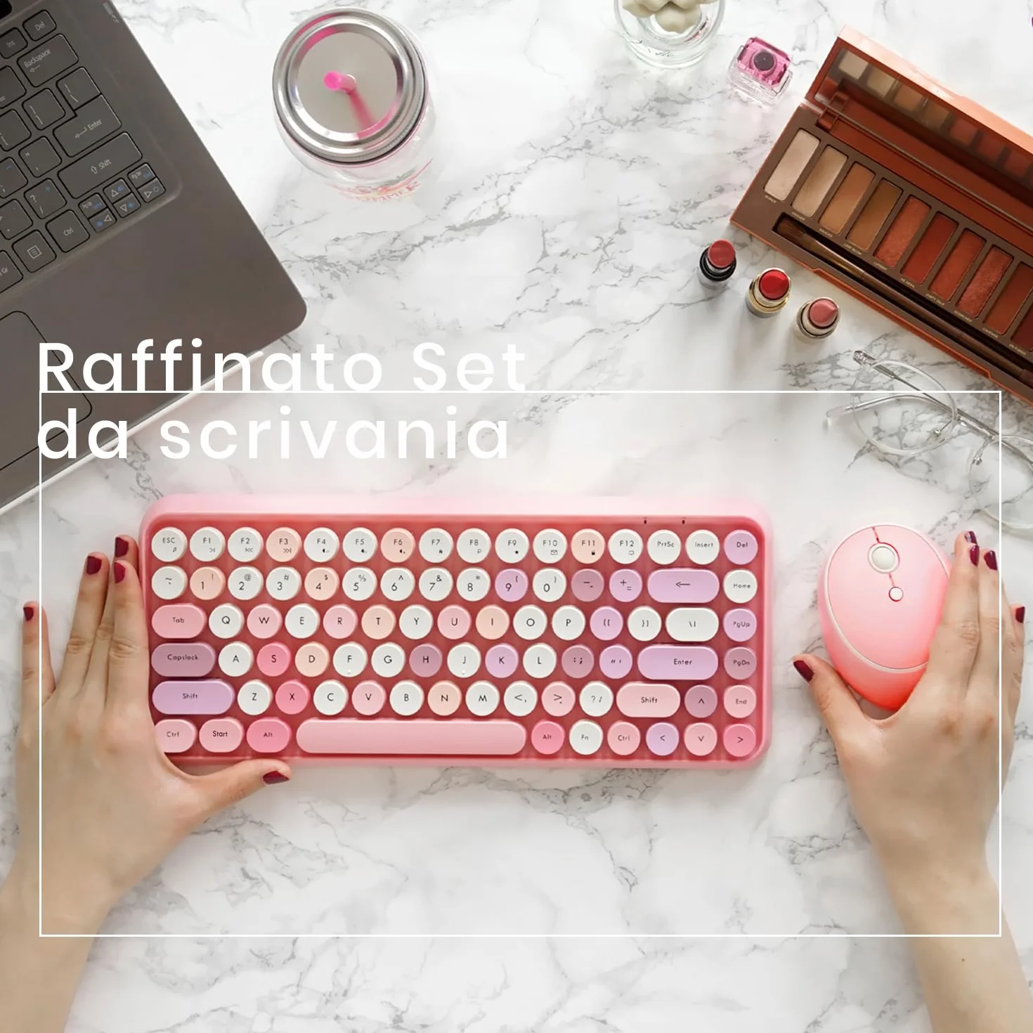 Perixx PERIDUO-713 Tastiera e mouse wireless, tasti rotondi, design macchina da scrivere retrò, tasti multimediali, cute colore rosa, QWERTY italiano