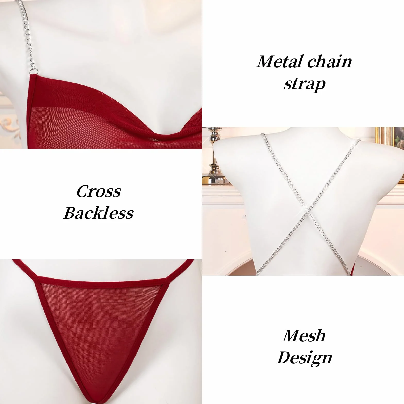 Donna Abito Mini Trasparente Sexy Babydoll Spalline Metallo Maglia Camicia da Notte Senza Schiena Negligé Elastico Bodycon Biancheria Intima Lingerie Festa