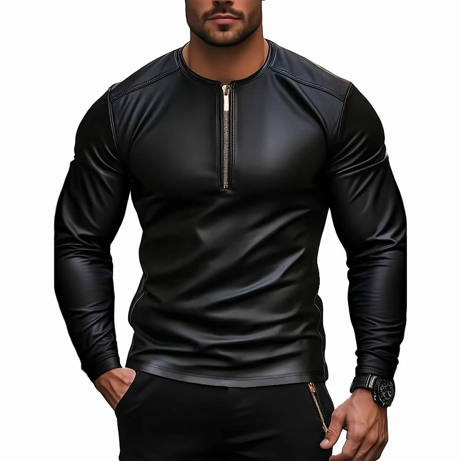 PU Leather Long Sleeve Shirt for Men Wet Look Zipper Casual Clubwear