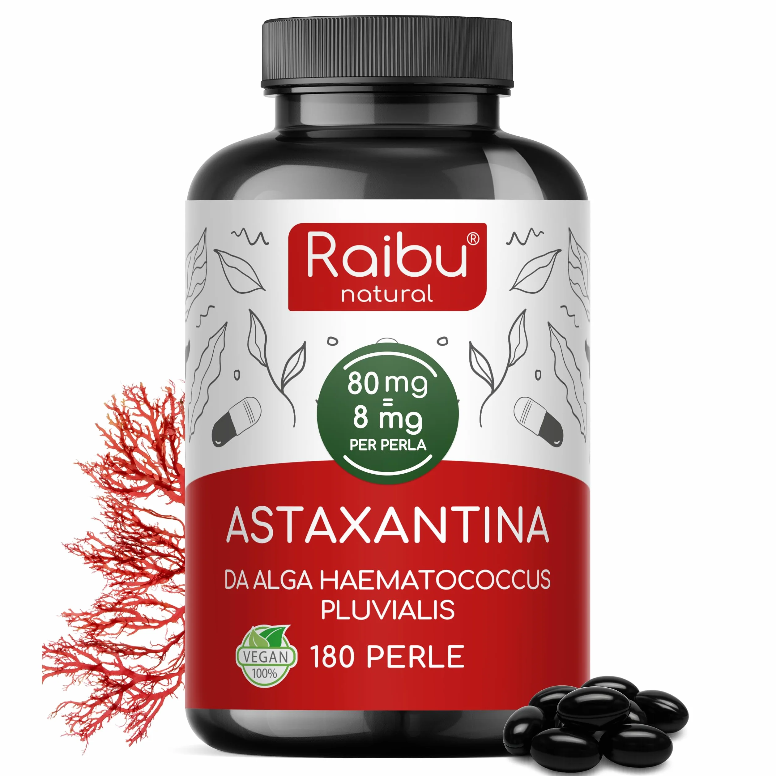 Astaxantina Pura 80 mg 180 Capsule dall’alga Haematococcus pluvialis Antiossidante senza OGM