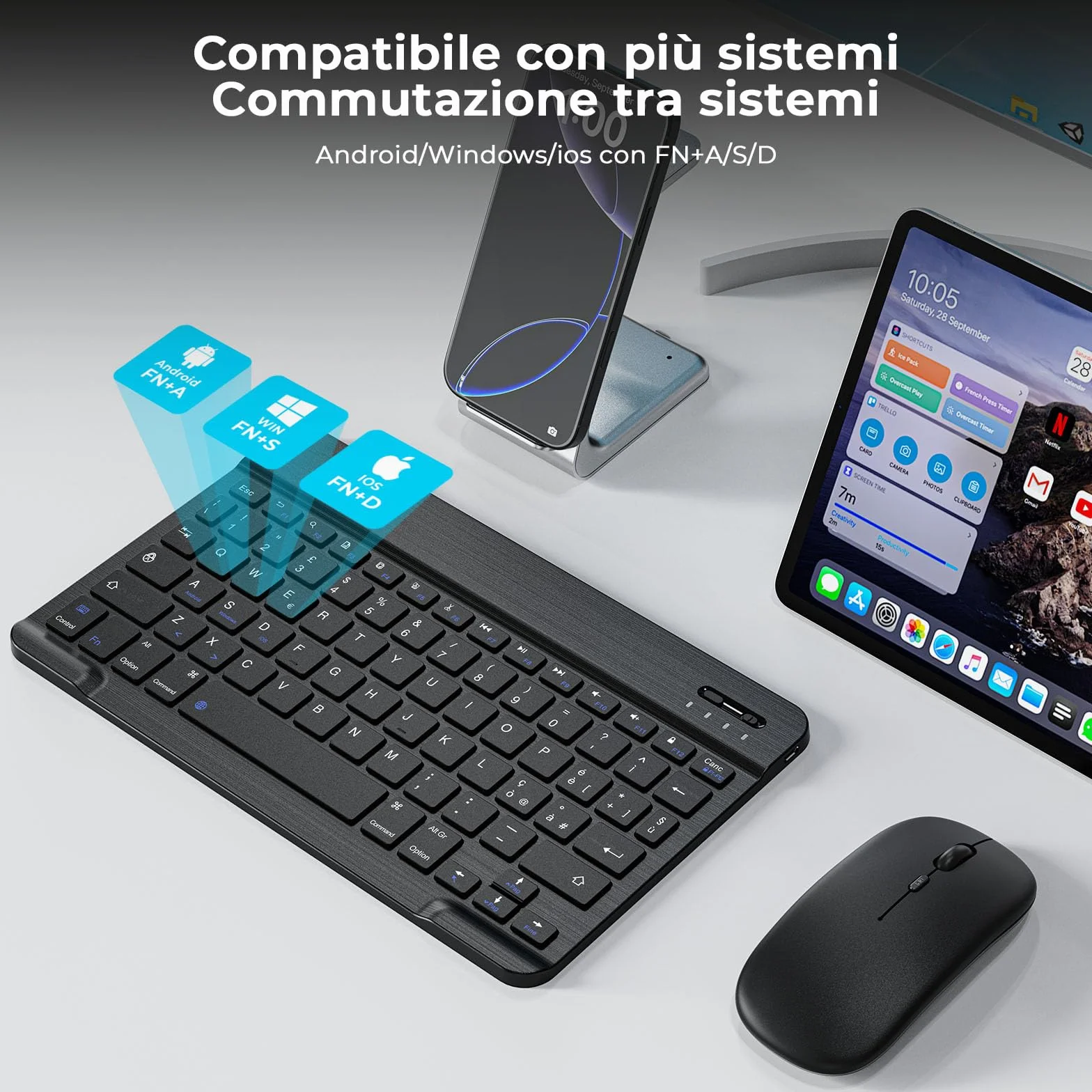 Cimetech Tastiera e mouse wireless Bluetooth, tastiera ergonomica ultrasottile con batteria ricaricabile integrata per iOS, Mac, iPad, Windows e sistemi operativi Android 3.0, Italiano QWERTY, nero
