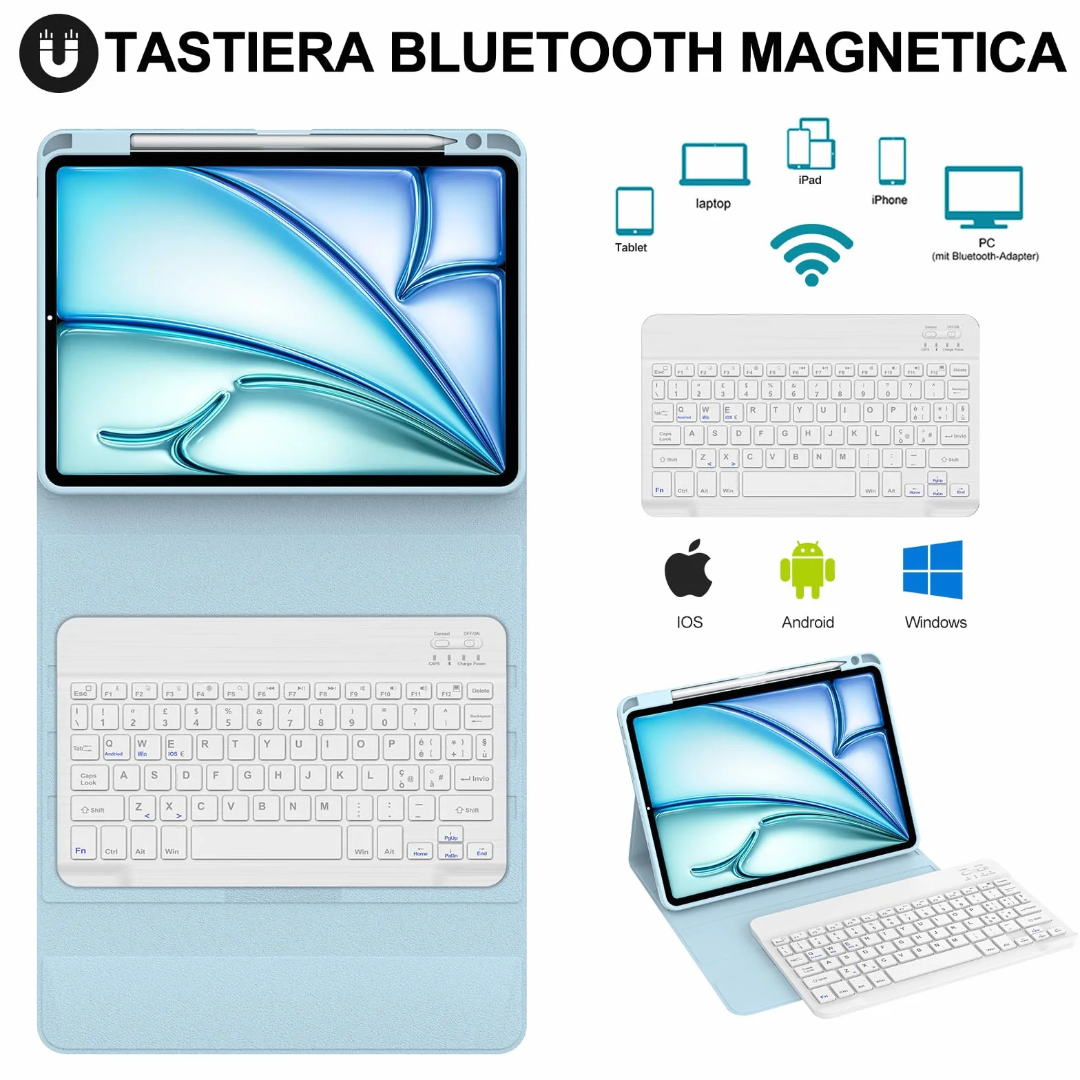 JADEMALL Custodia Tastiera per iPad Air 11 M2/M3/M4 2024/2025/2026, Italiano QWERTY Tastiera Bluetooth Magnetica Staccabile per iPad Air 11 M2/M3/M4 2024/2025/2026, Cielo blu