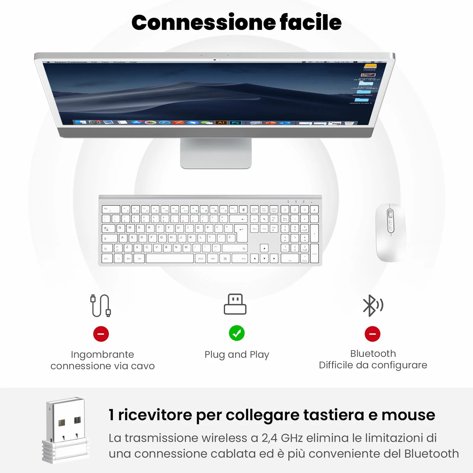 Tastiera e Mouse Wireless - cimetech Tastiera Wireless Ricaricabile 2.4G, Layout Italiano QWERTY, Tastiera Design Ergonomico, Ultra Sottile per Computer/Desktop/PC/Laptop/Windows 10/8/7 (argenteo）