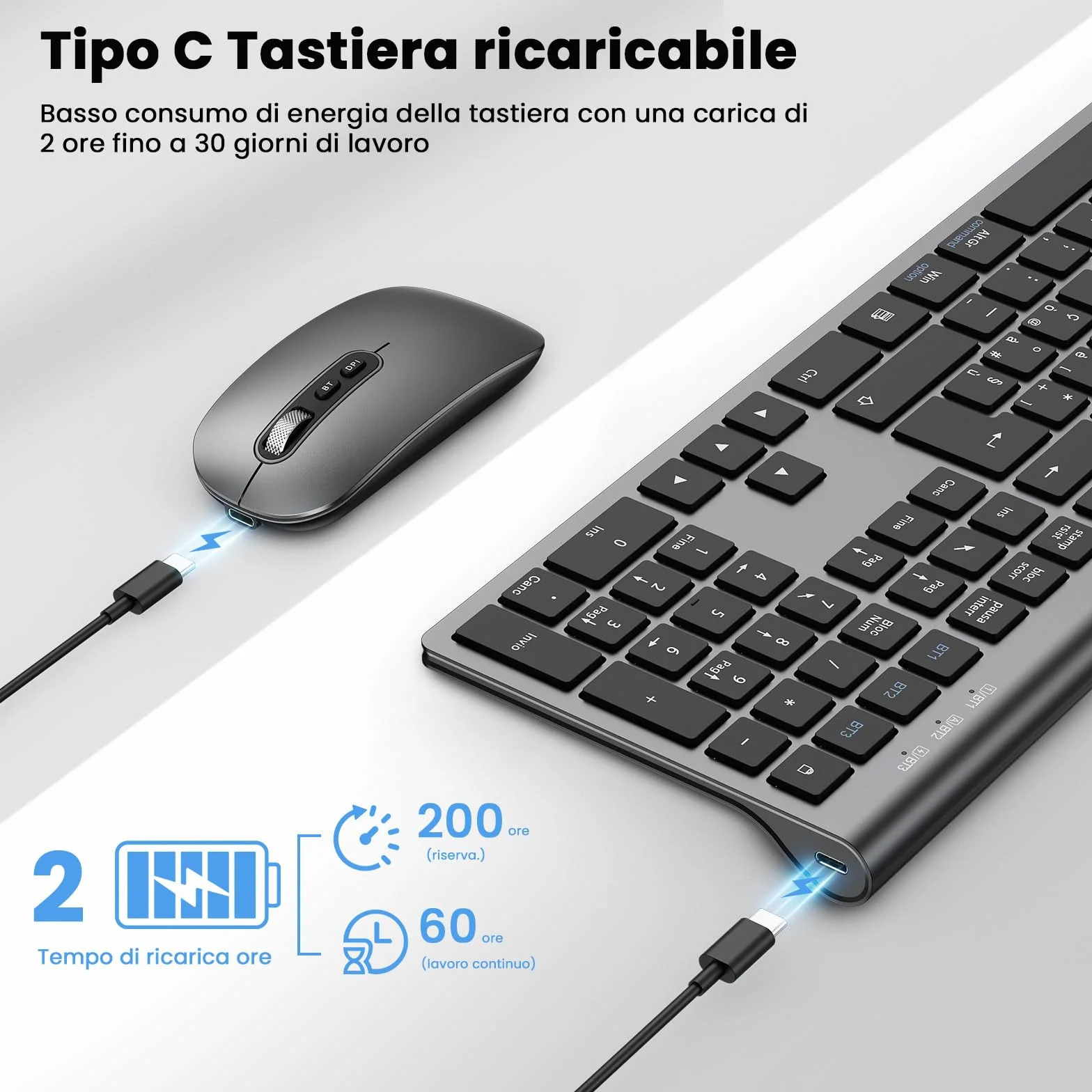cimetech Tastiera e Mouse Wireless Bluetooth per MacBook Air/MacBook Pro/Mac, Layout Italiano QWERTY, Tastiera Design Ergonomico, Ultra Sottile per Computer/Desktop/PC/Laptop/Windows 10/8/7 (grigio）