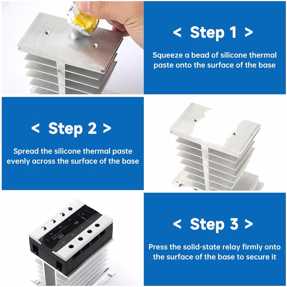 dissipatore di calore SSR, 250x125x136mm, dissipatore di calore in alluminio per relè a stato solido trifase 10-120A con silicone termoconduttivo bianco