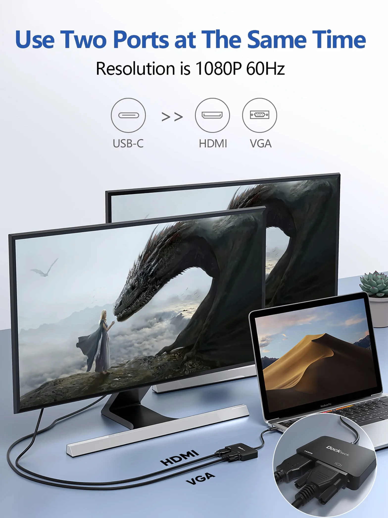 dockteck Adattatore da USB C a VGA HDMI 4K 60Hz connettore monitor su VGA HDMI, adattatore splitter 2 in 1 con HDMI 4K 60Hz e 1080P VGA, per MacBook Pro/Air M1, iPad Pro/Air/Mini 6, Dell Xps 13/15