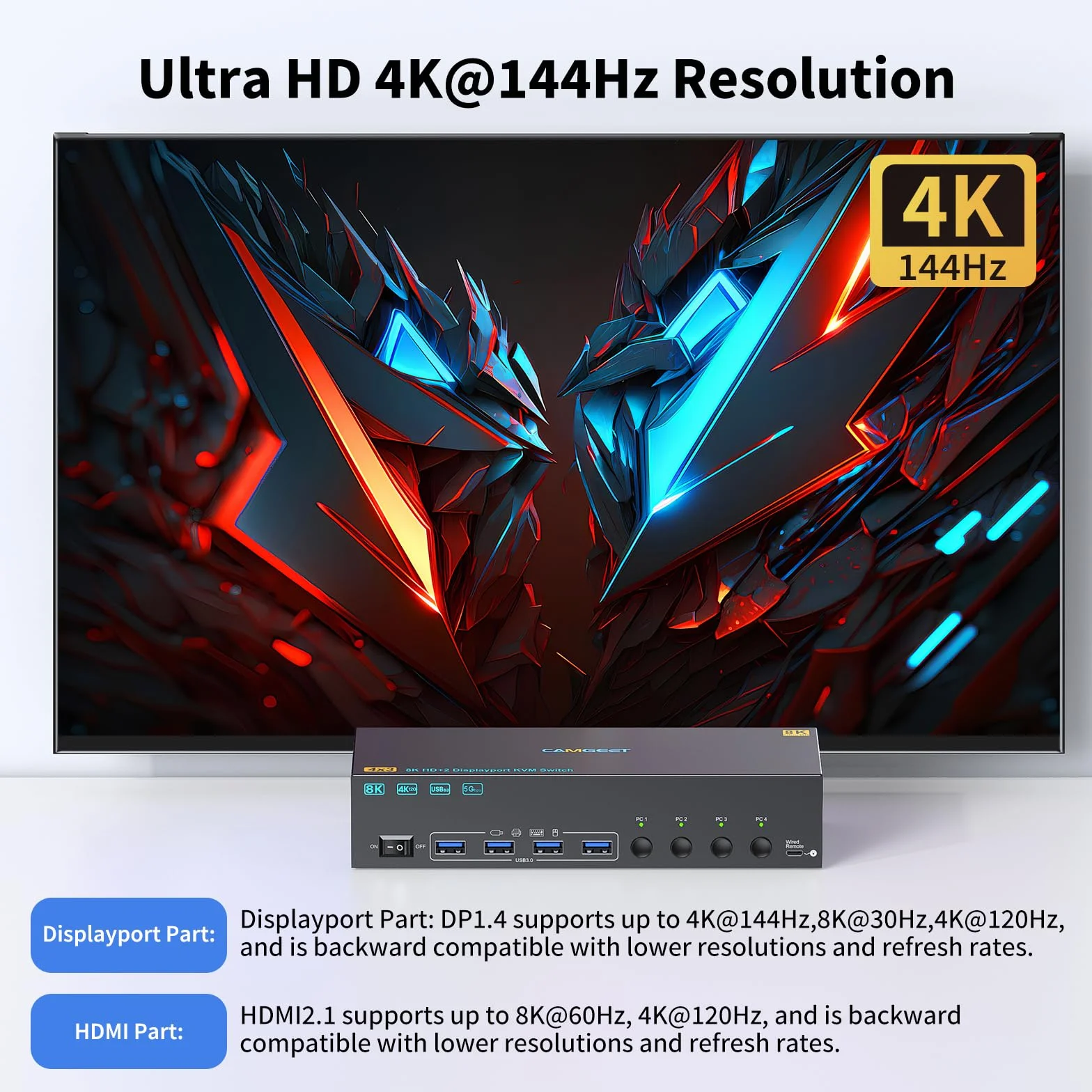 8K KVM Switch 4 PC 3 Monitor 4K @144Hz 8K@60Hz, HDMI 2.1+ 2 DisplayPort 1.4 KVM Switch 4 porte per 4 computer condividono 3 monitor e 4 dispositivi USB, doppio monitor kvm con Wired Remote e 4 cavi