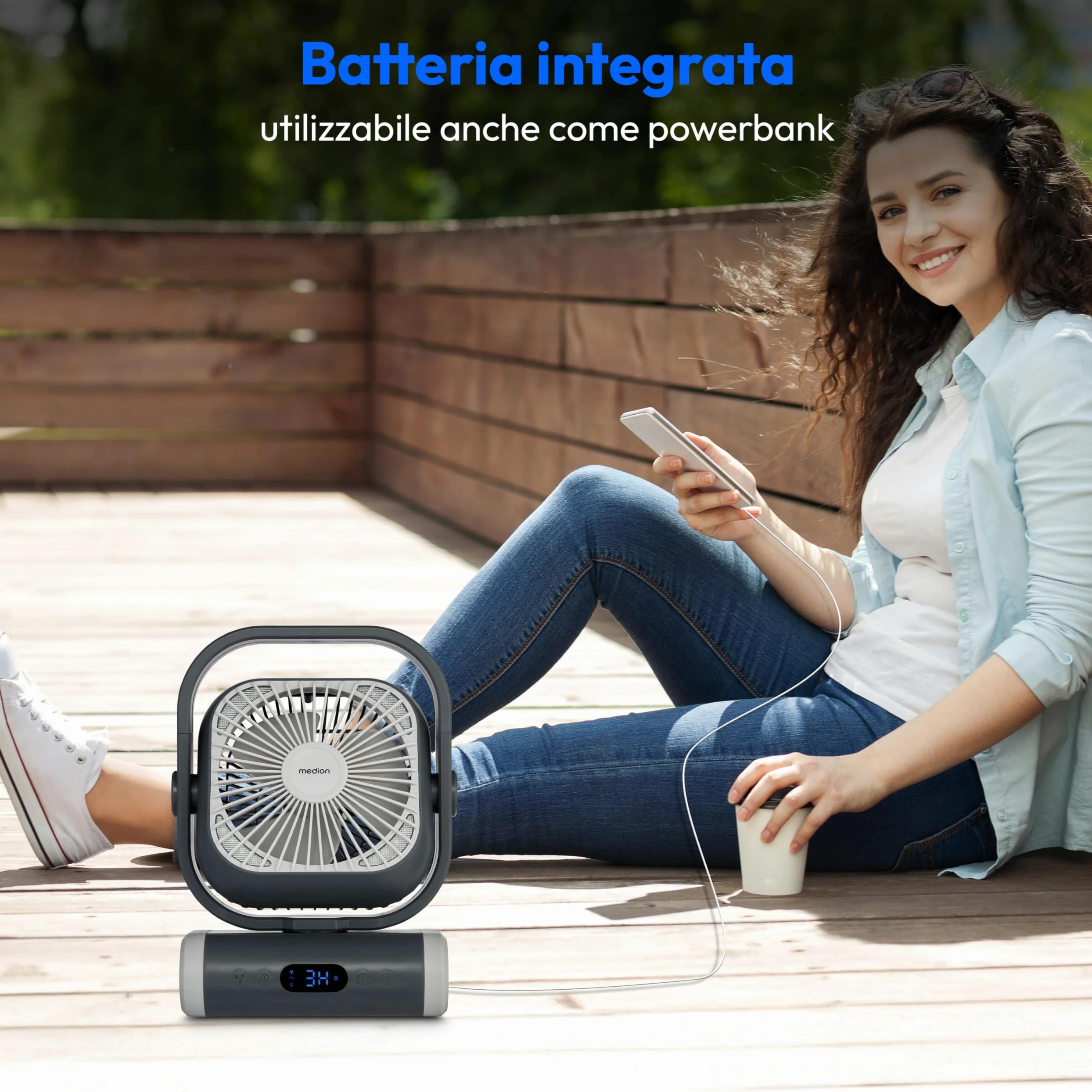 MEDION Ventilatore E10 TF (batteria, mini ventilatore USB portatile con luce, telecomando, 5 velocità, oscillazione, gancio per appendere, funzione powerbank, ideale per ufficio campeggio tenda)