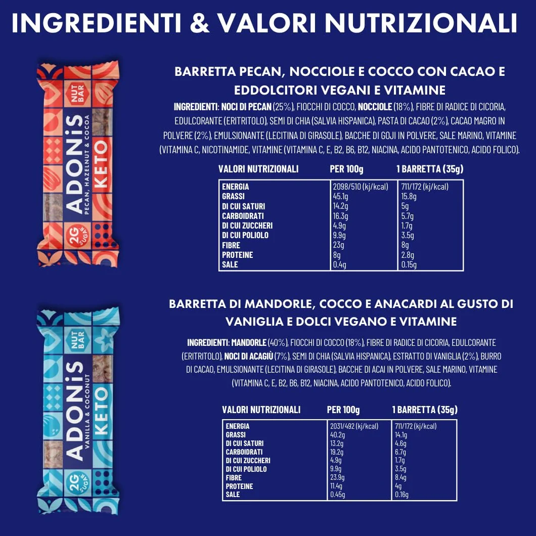 Adonis Keto Barrette Miste 16 Pezzi Vegano Naturale Senza Glutine Zuccheri Olio di Palma Lattosio Snack Dieta Chetogenica