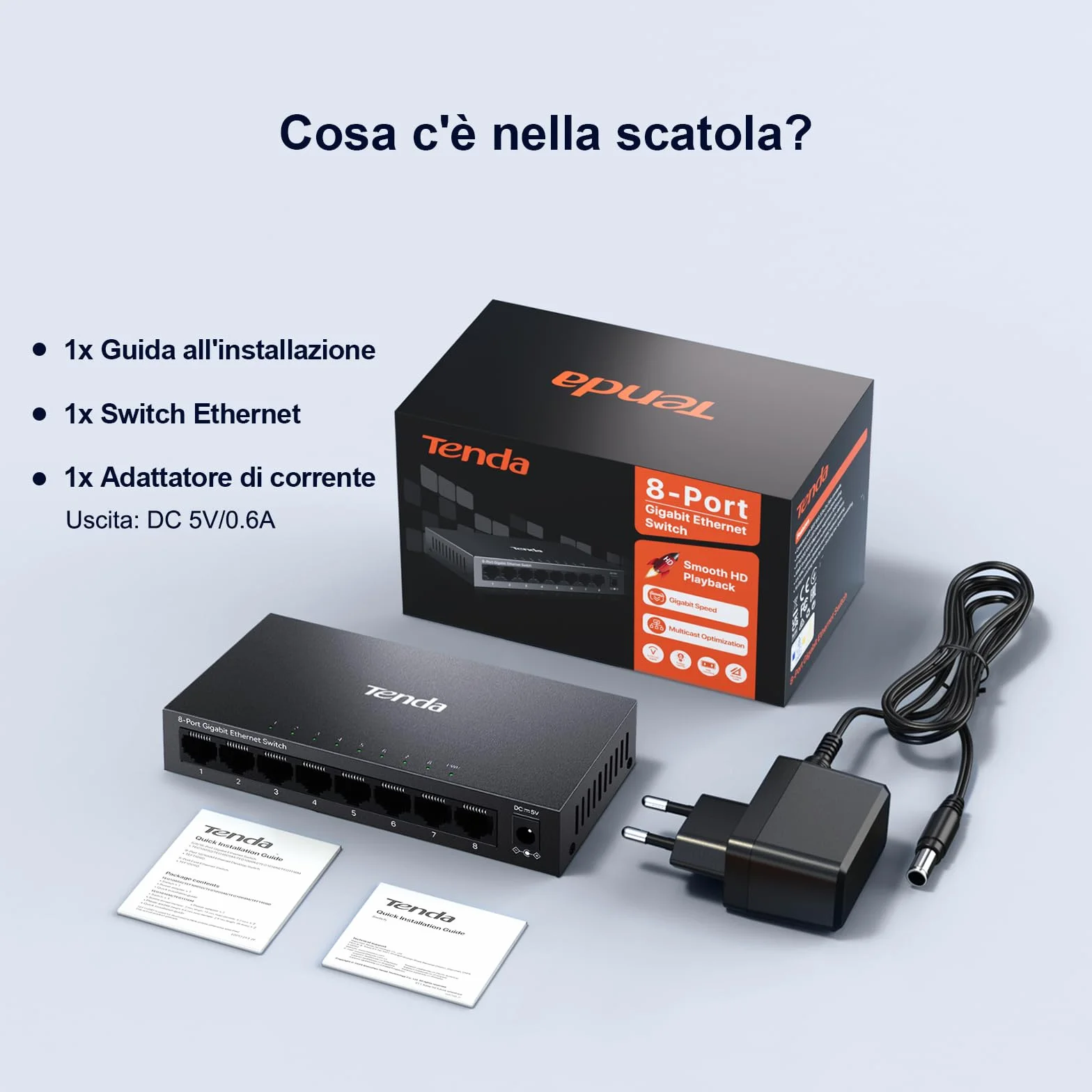 Tenda Switch Ethernet 8 Porte Gigabit Unmanaged TEG1008M, Switch Gigabit 10/100/1000 Mbps, IGMP Snooping, 802.1p/DSCP QoS, Hub Ethernet, Montaggio Desktop o a Parete, Plug & Play, Guscio di Metallo