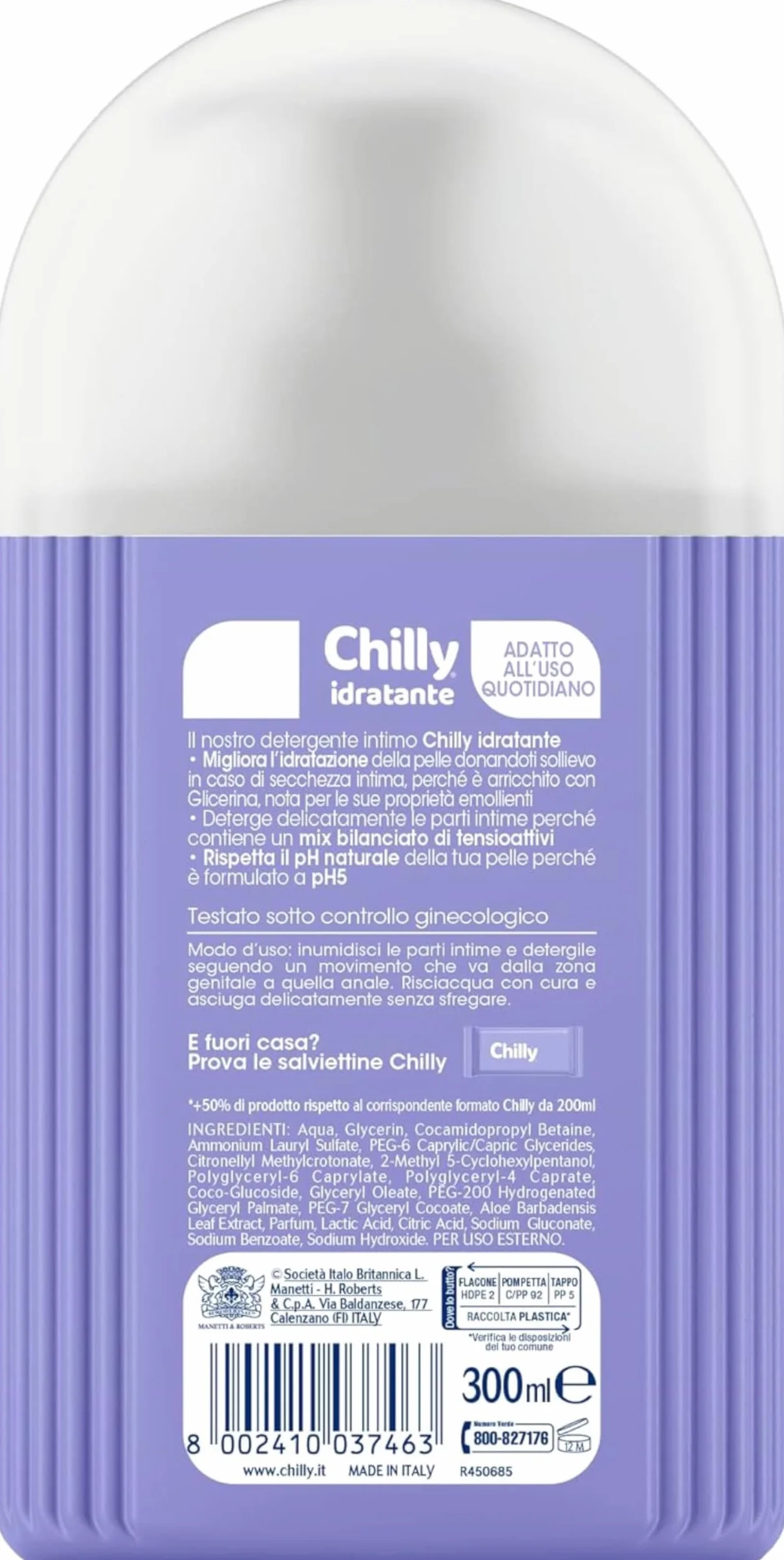 Chilly Detergente Intimo Idratante 300 ml pH 5 Anti-Odor