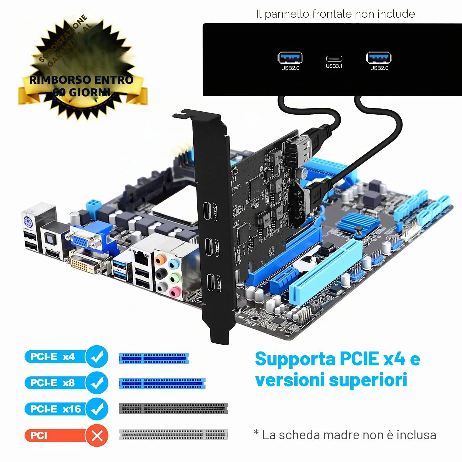 Scheda di espansione PCIe 5 porte, USB 3.2 gen2 10Gpbs Card con 3 porte Type C e 2 interne (1x USB 2.0, 1x Type E) Scheda PCI Express a USB per PC Desktop
