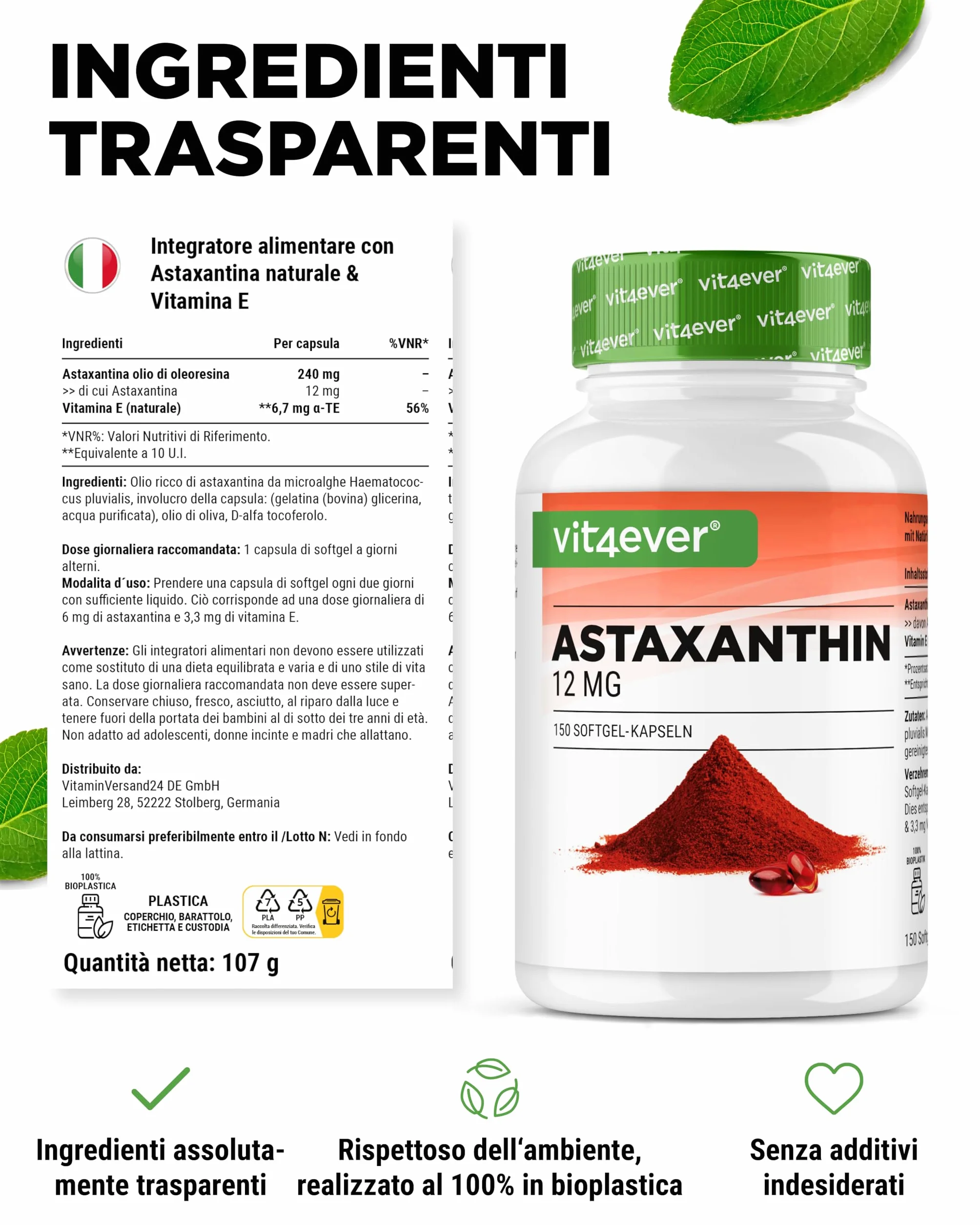 Astaxantina 12 mg Depot 150 Capsule Softgel - Da microalghe Haematococcus Pluvialis - Con vitamina E e olio d'oliva