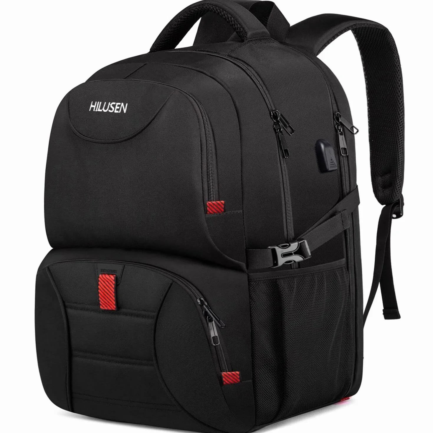 HILUSEN Zaino Uomo Grande 50L, Porta PC 17.3 Pollici Lavoro Impermeabile Pranzo Zaino con Caricatore USB, Laptop Computer Notebook Zaini per PC Portatili Viaggio Ufficio Scuola Università-Nero
