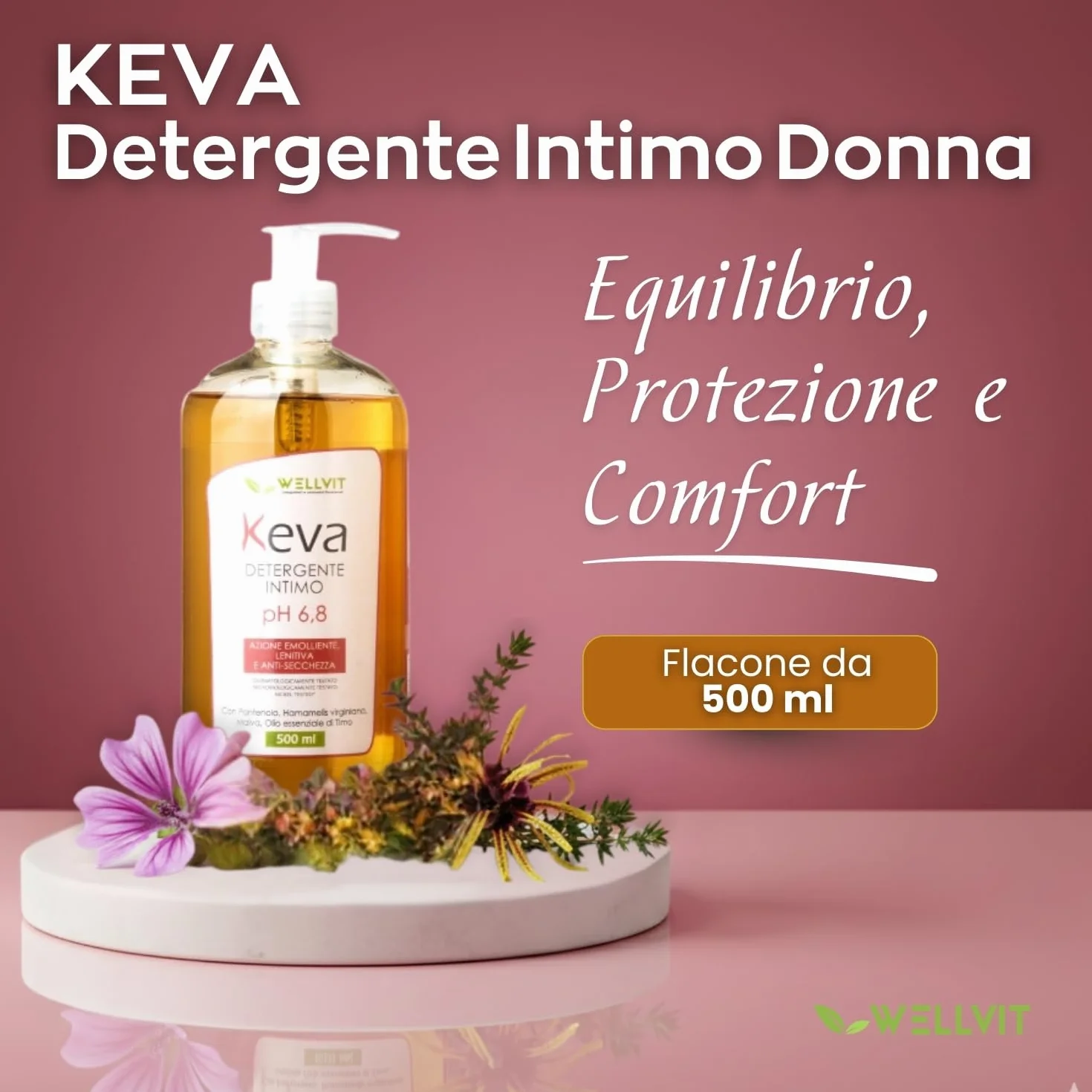KEVA Wellvit Detergente Intimo Donna pH 6,8 500ml Menopausa Secchezza Pelle Sensibile Made in Italy