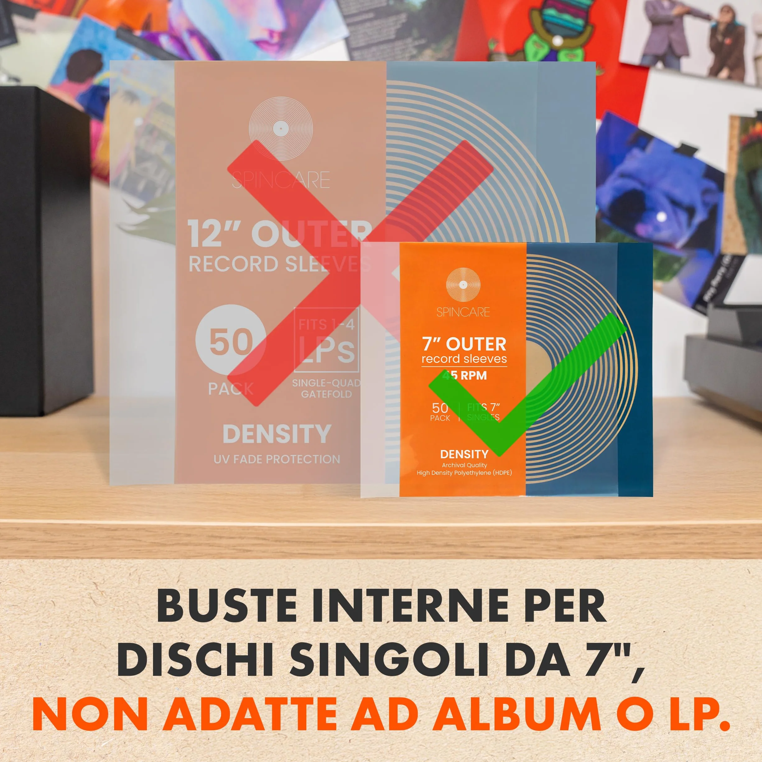Spincare 50x 7 pollici buste vinili 45 giri esterne protezione UV | Density buste protettive vinili in polietilene resistenti qualità archivio per dischi 7”