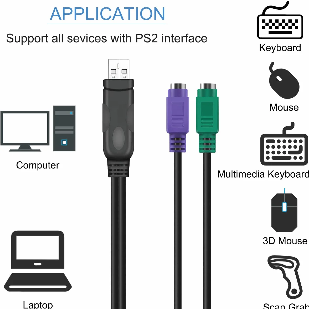 Cavo adattatore mouse tastiera adattatore PS2 a USB, spina maschio PS/2 femmina a USB A con chip, cavo convertitore 2 in 1 da PS2 a USB 2.0