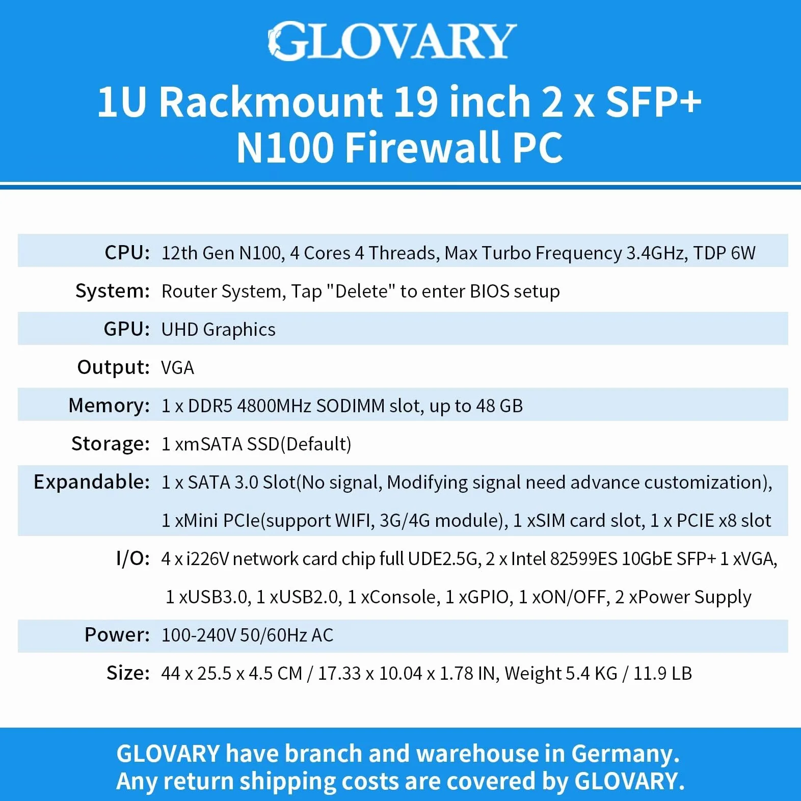 19" Firewall Rackmount N100, 2 x 82599ES 10GbE SFP+, 4 x i226V 2.5GbE LAN, 19 Pollici OPNsense Router Appliance, Barebone, 1U AES-NI Hardware, HD+VGA Dual Display, 2 x Power