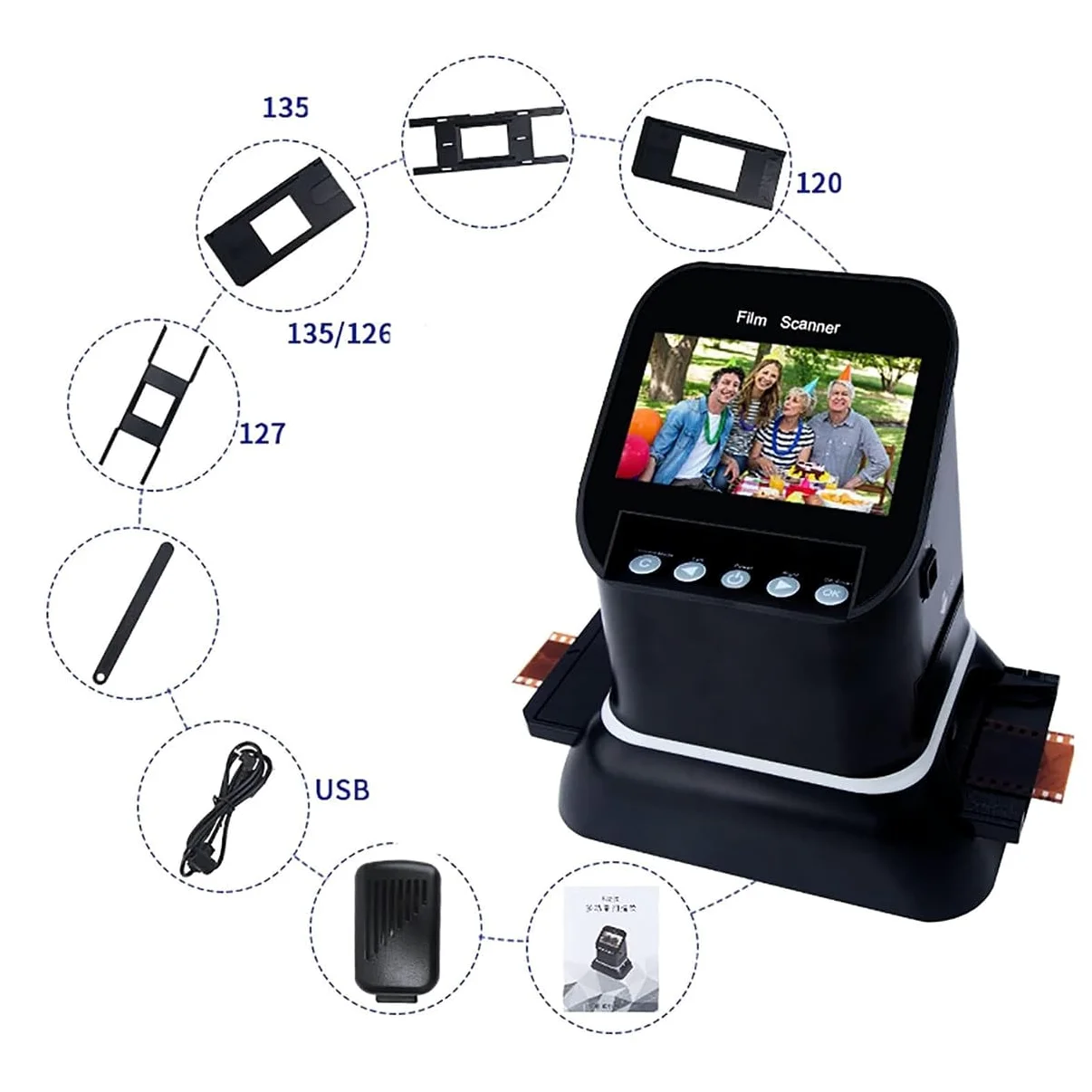Scanner Digitale per Pellicole, Alta Risoluzione 120, Supporta 5 Formati Di Pellicola 120, Schermo Lcd 1080p, Converte Negativi E Diapositive Da 35mm, 135, 126 E 127 in Jpeg Digitale