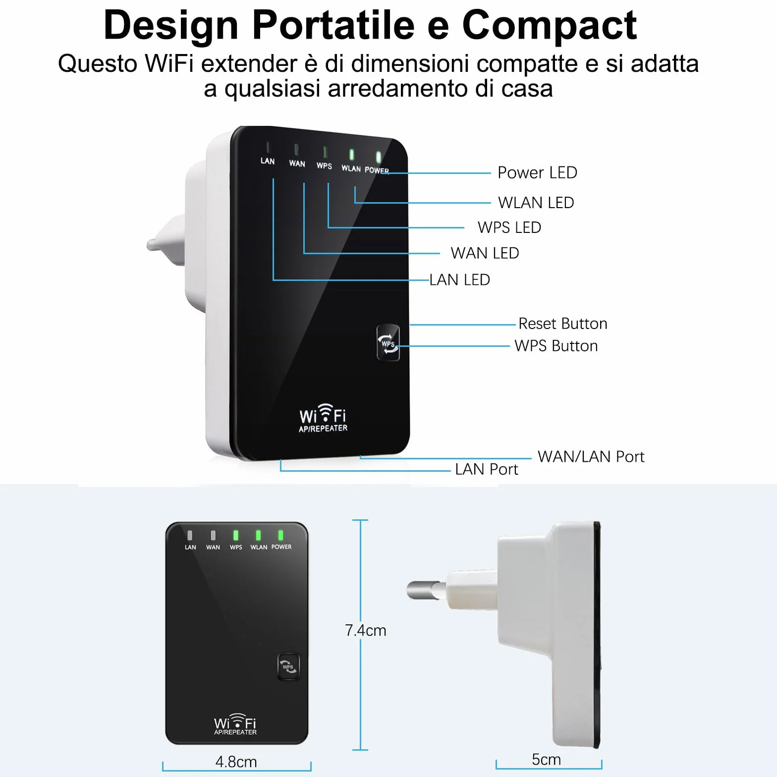 Ripetitore WiFi Wireless 300Mbps, Mini Amplificatore Wi-Fi Compatto, Extender e Access Point, Porte LAN, 2 Antenne, Pulsante WPS, Segnale Casa Compatibile Con Modem Fibra e Adsl