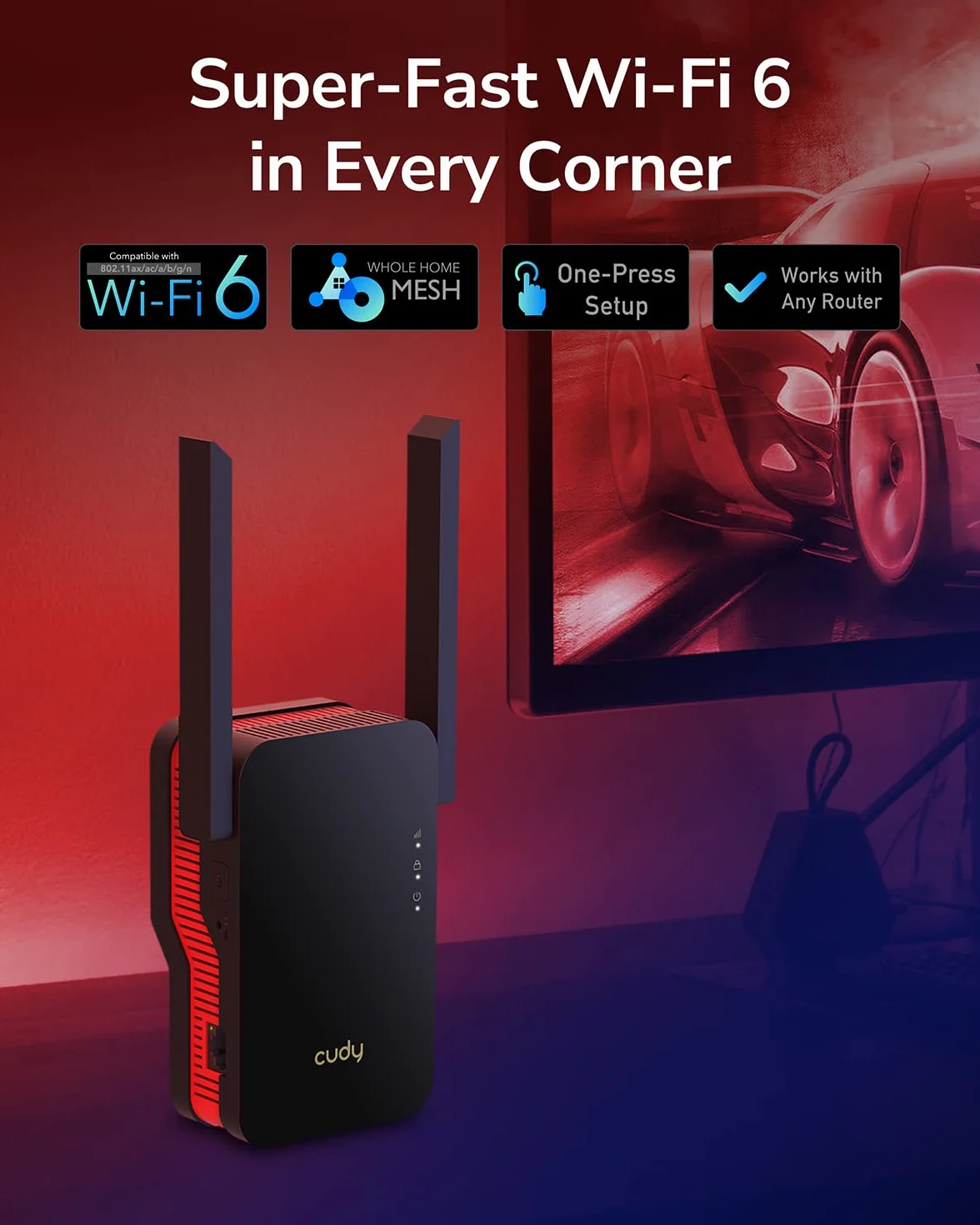 Cudy AX3000 Dual Band Wi-Fi 6 Extender, WiFi 6 Ripetitore Copertura fino a 3000 Sq.Ft. e 60 dispositivi, 802.11ax, 160MHz, MU-MIMO, Beamforming, OFDMA, WPA3