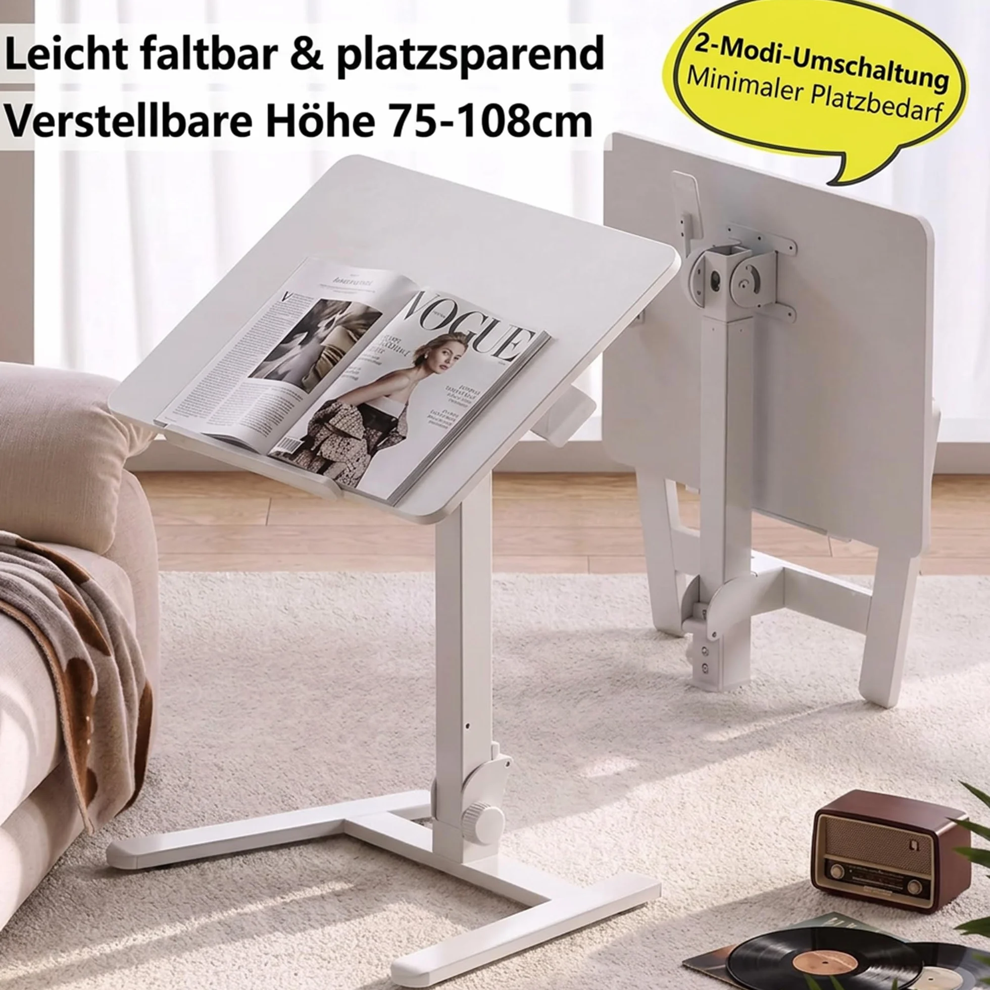 MUSSO AnyDesk D7 - Tavolo portatile regolabile in altezza (75-108 cm), pieghevole con piastra inclinabile 0-90°, tavolino ergonomico (bianco, 1 pezzo)
