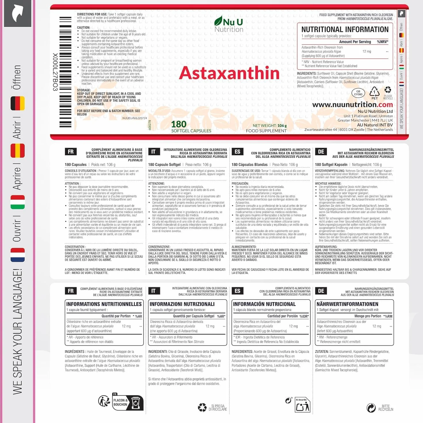 Nu U Nutrition Astaxantina Naturale 12mg 180 Capsule Softgel Integratore Antiossidante