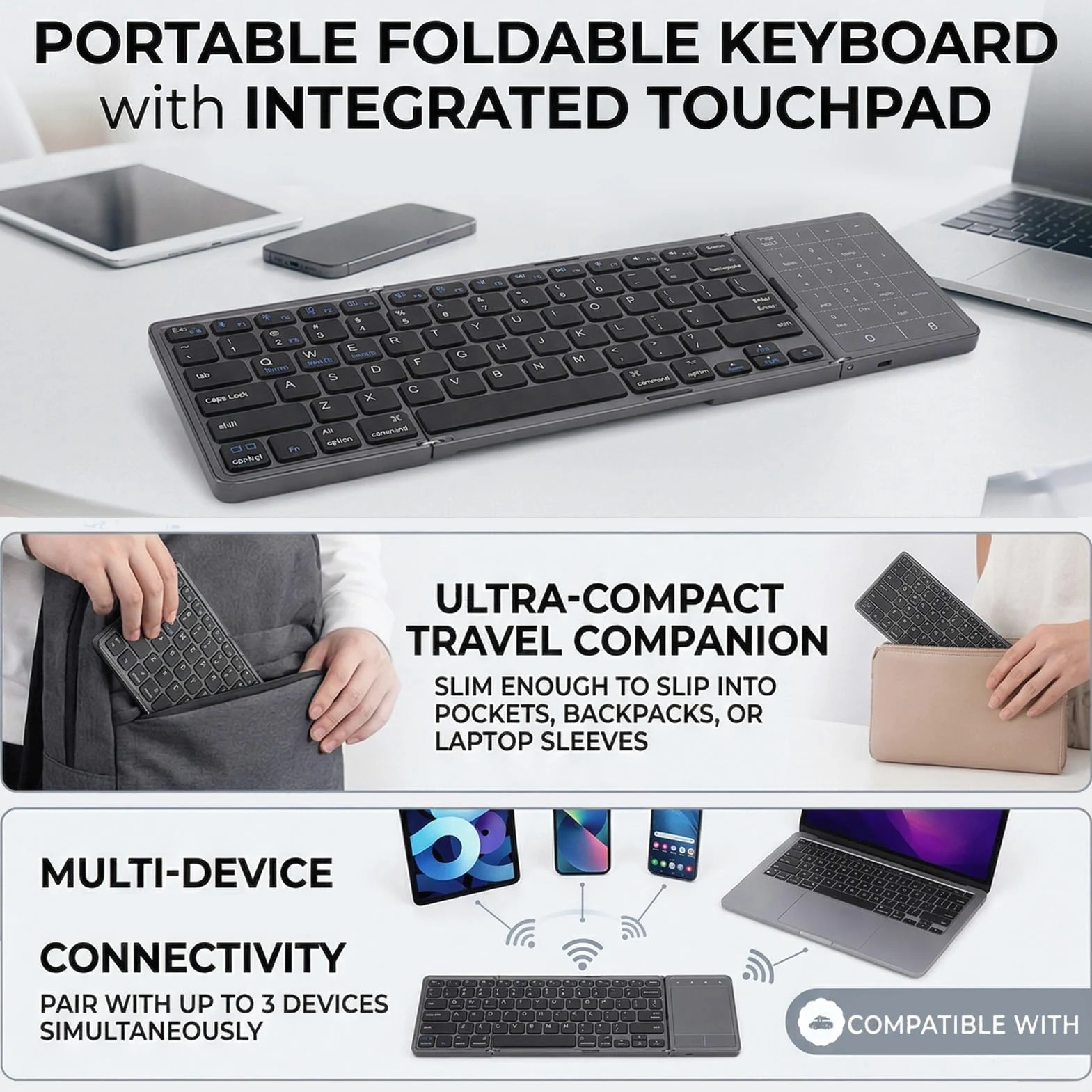 VBESTLIFE Tastiera Pieghevole, Tastiera Portatile Wireless Bluetooth 5.3 con Trackpad Multitouch e Tastierino Numerico, per Smartphone Tablet Laptop PC