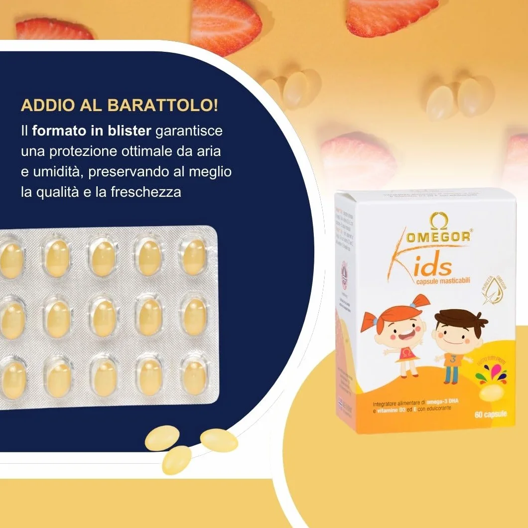 Omega 3 Bambini OMEGOR Kids 3+ Anni 60 Capsule Masticabili alla Frutta con Vitamine D3 ed E Ricco di EPA e DHA