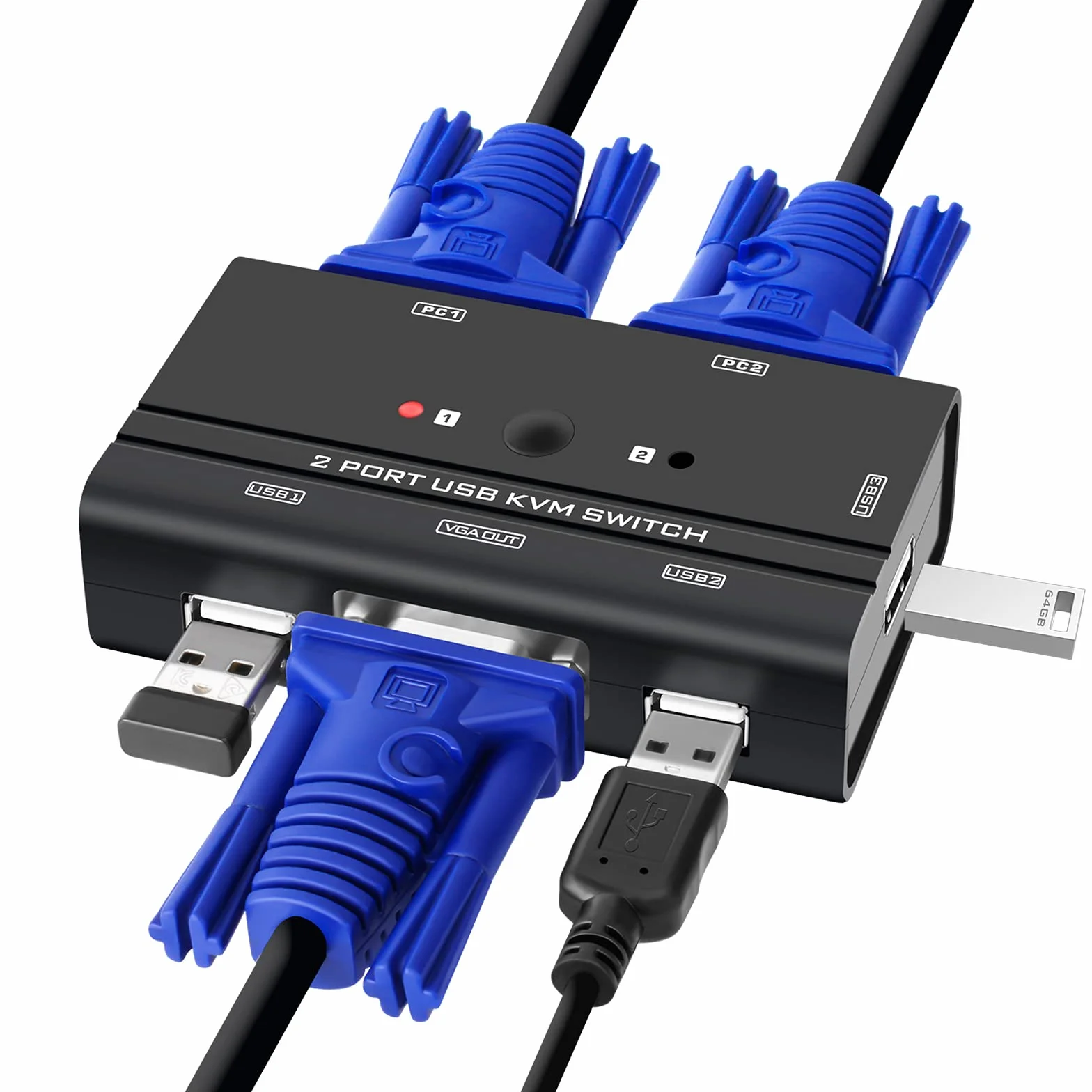 TCNEWCL KVM Switch VGA 2 PC 1 Monitor, 2 porte Commutatore VGA USB con 2 Cavi KVM, per PC Monitor Tastiera Mouse Scanner Stampante