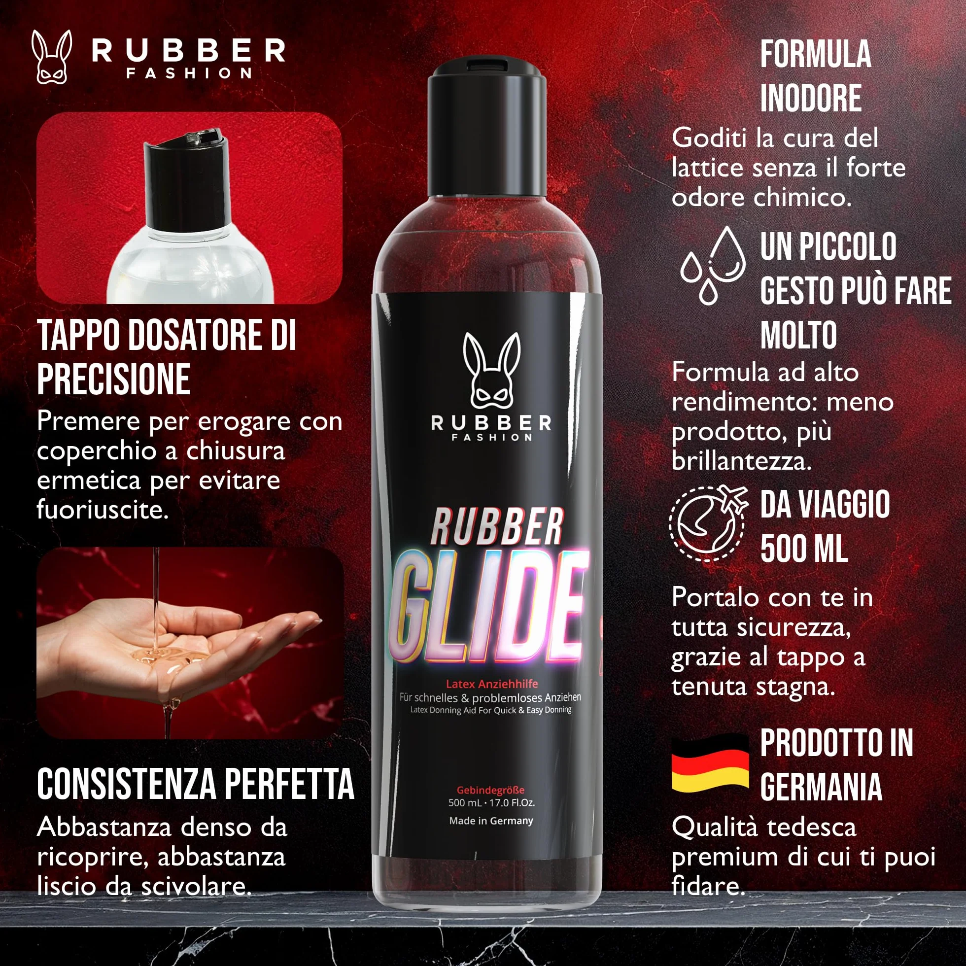 Olio di silicone per abbigliamento in lattice RubberGlide Rubberfashion lucido