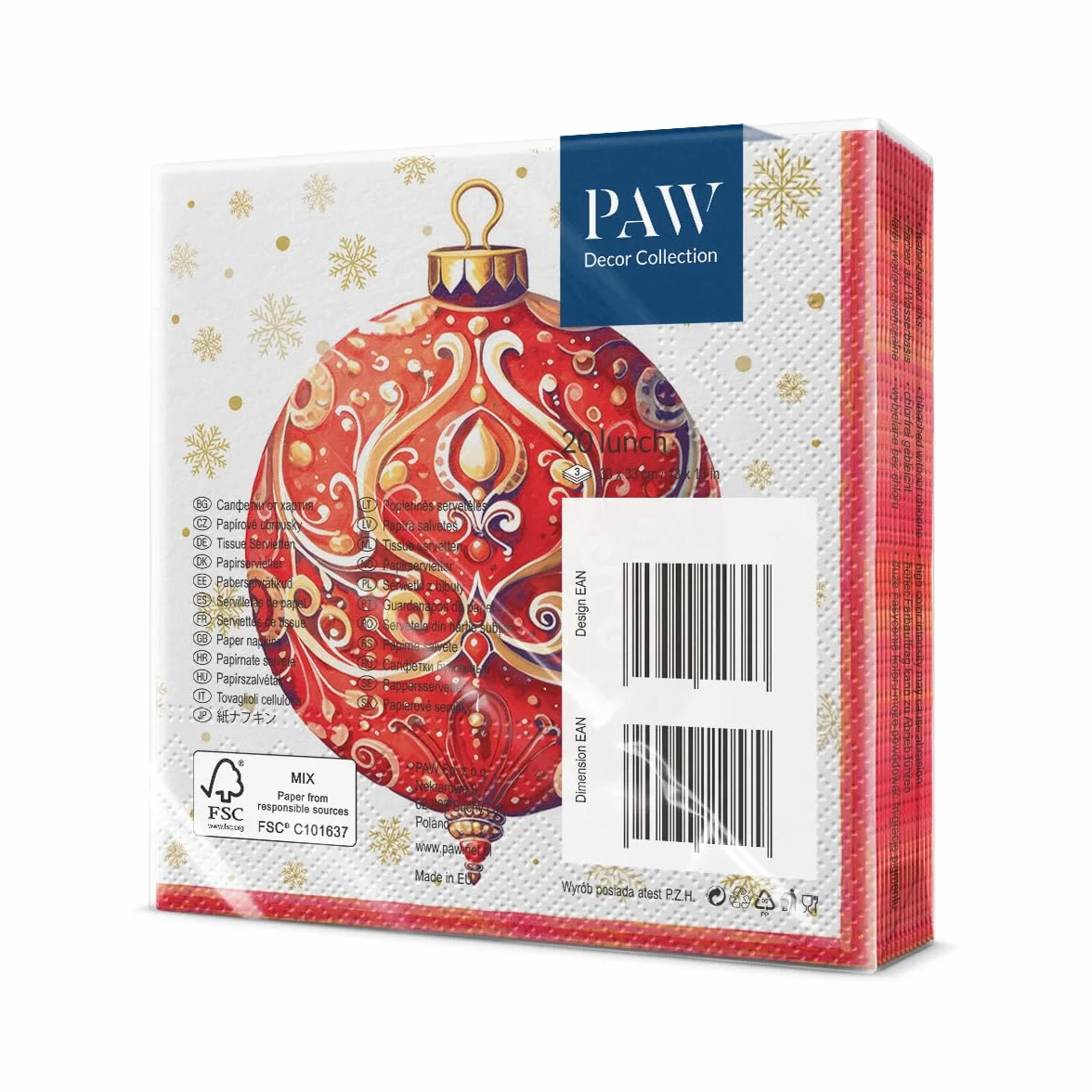 PAW Tovaglioli di Carta Natale 33 x 33 cm 20 Pezzi 3 Veli Rosso Natale