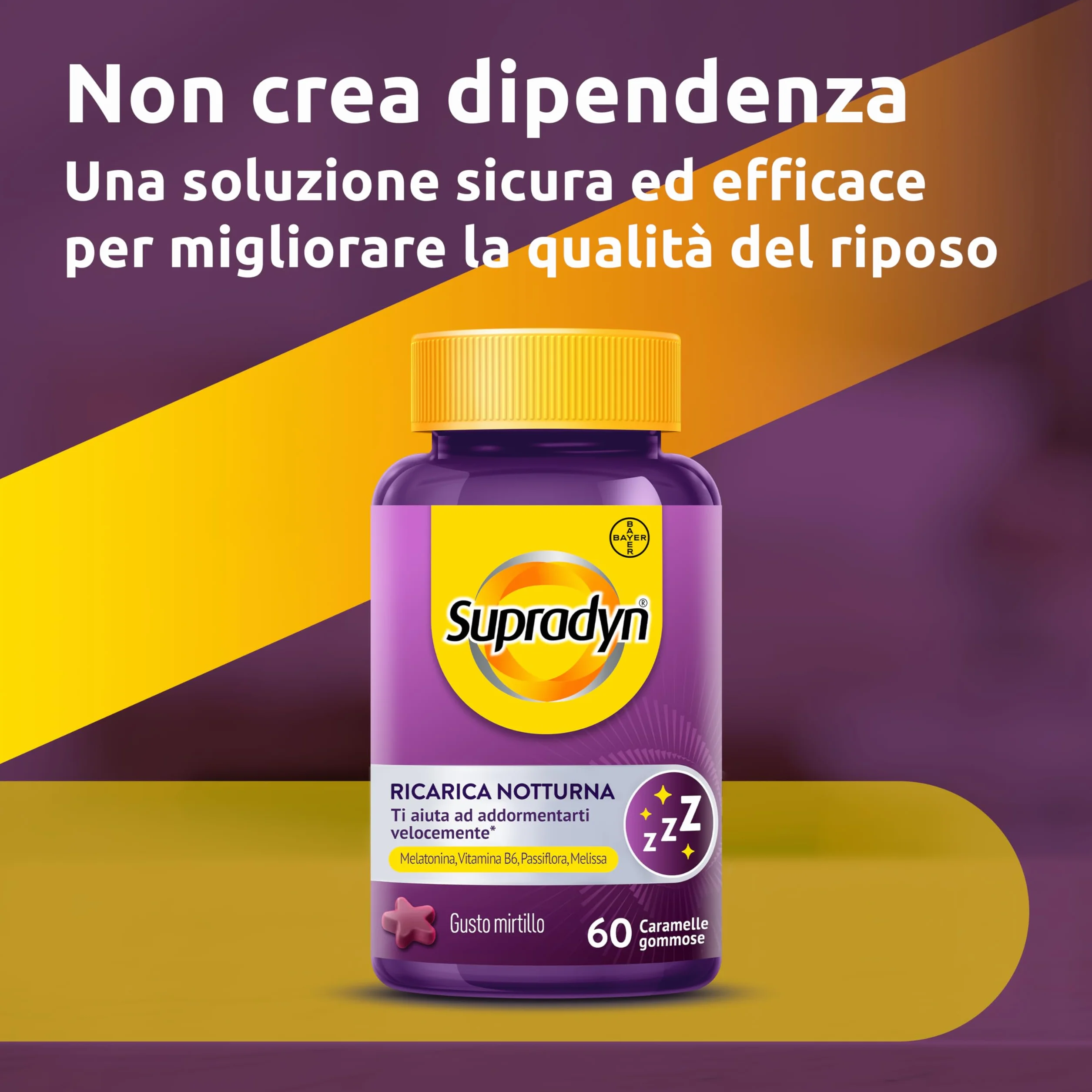 Supradyn Ricarica Notturna Melatonina 1mg Adulti 60 Caramelle Gommose Mirtillo con Vitamina B6 Passiflora e Melissa
