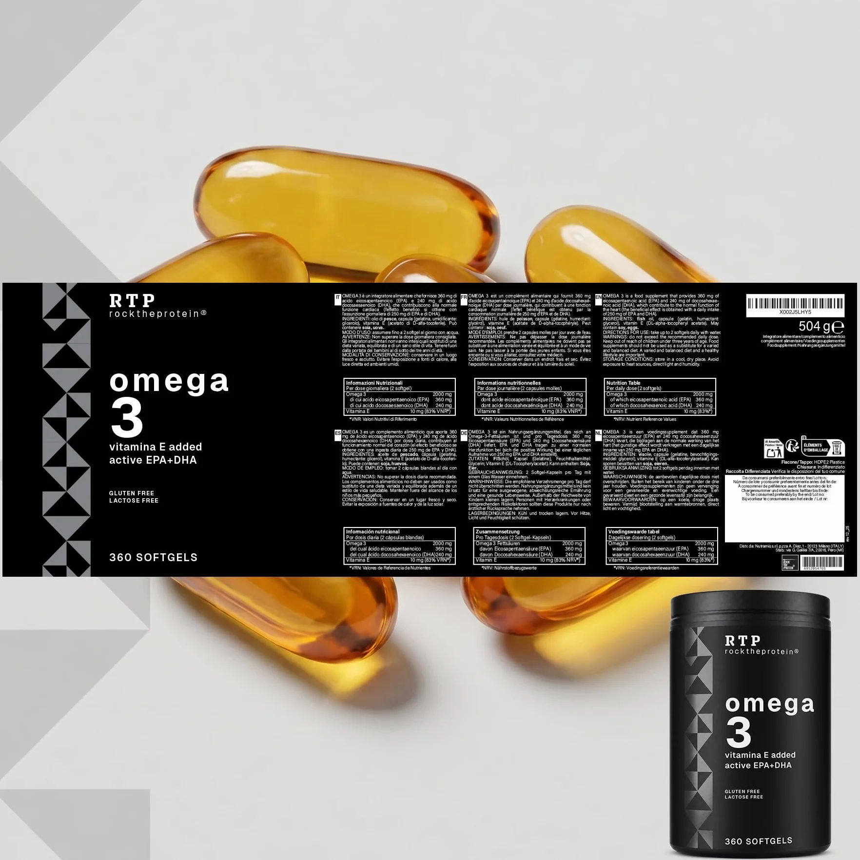 Rock The Protein® Omega 3 Olio Di Pesce 2000 mg Con Vitamina E, 360mg EPA & 240mg DHA Per Dose