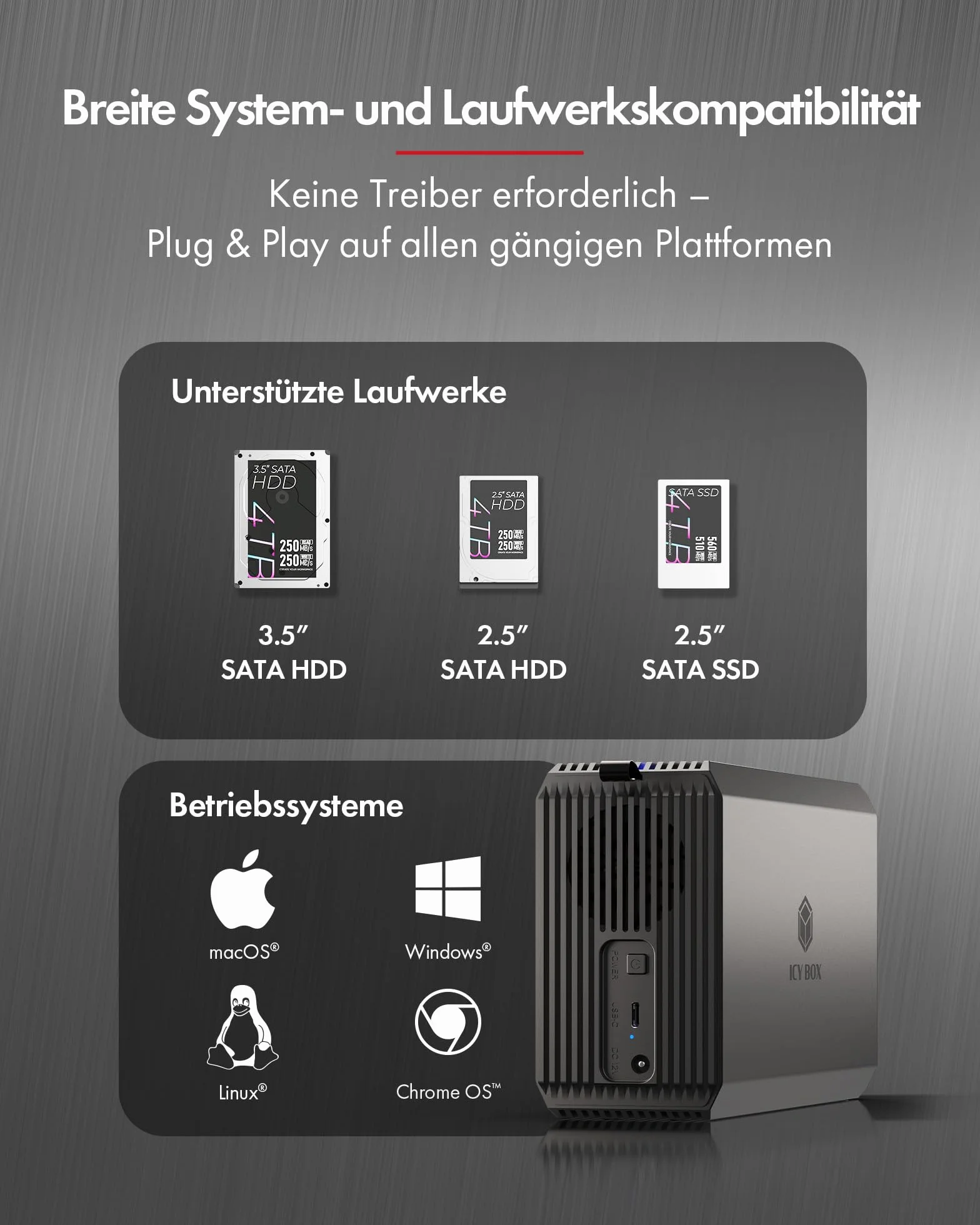 ICY Box (sistema RAID per 2 × 2,5"/3,5" HDD/SSD) USB 3.2 Gen 1 Type-C 5 Gbit/s, RAID 0/1/SINGLE/LARGE, ventola integrata da 50 mm, indicatore di stato LED, IB-RD3720-CU3